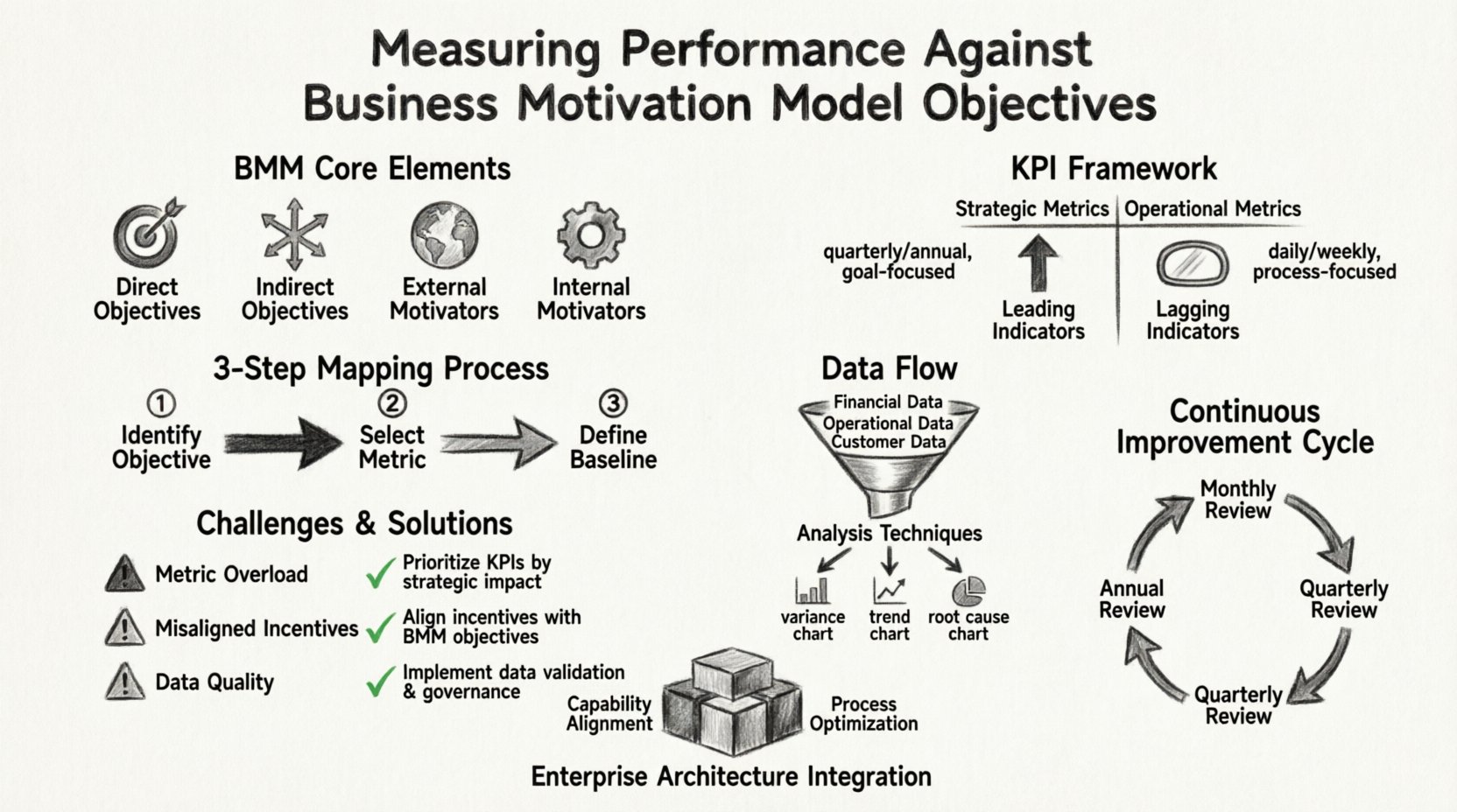 Charcoal contour sketch infographic summarizing how to measure performance against Business Motivation Model objectives, featuring direct vs indirect objectives, strategic vs operational KPIs, 3-step metric mapping process, data collection methods, common challenges, and continuous improvement feedback loops in a hand-drawn monochrome style