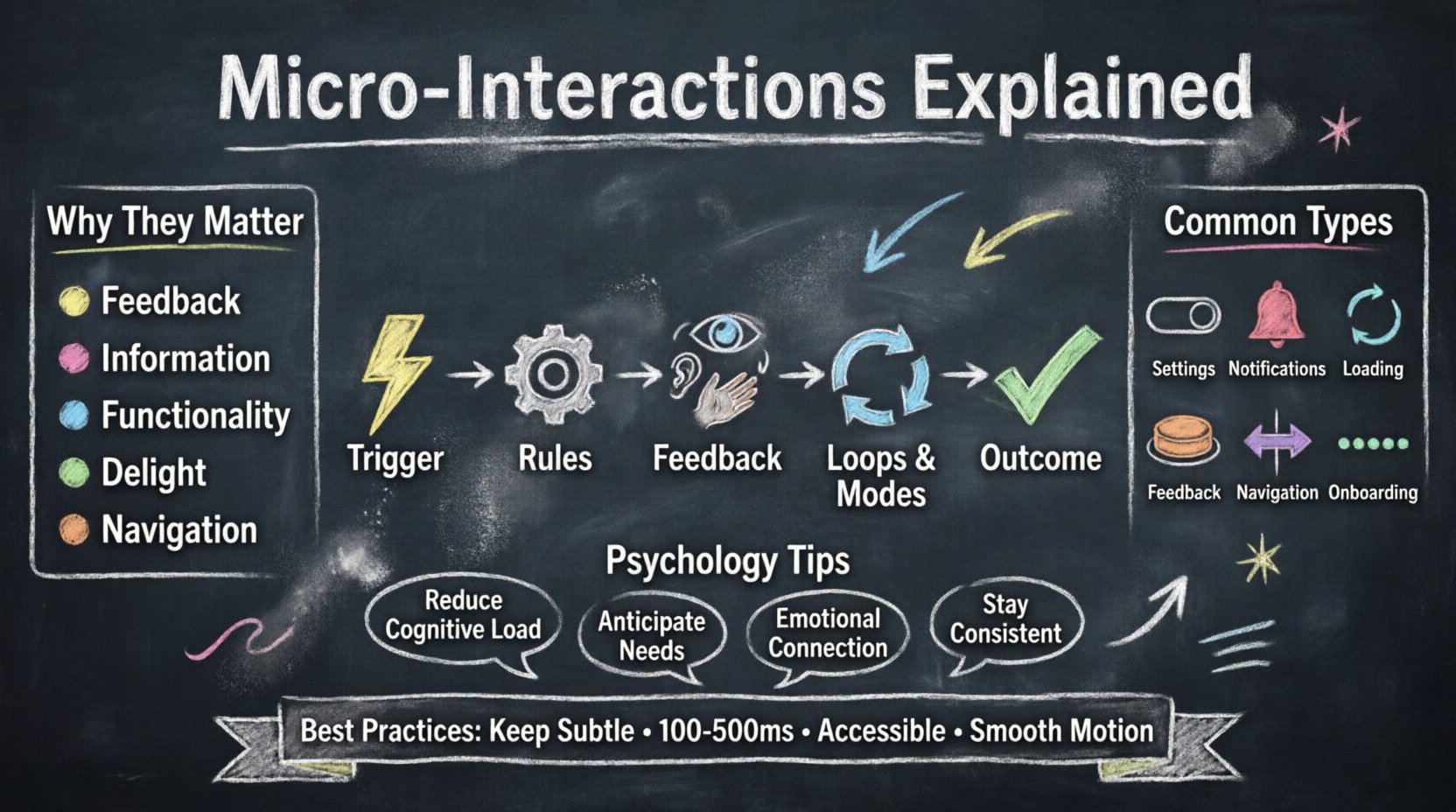 Chalkboard-style educational infographic explaining UX micro-interactions: features hand-drawn chalk diagram of the 5-part anatomy (trigger, rules, feedback, loops/modes, outcome), six common interaction types with icons (settings, notifications, loading, feedback, navigation, onboarding), psychology principles for reducing cognitive load and building emotional connection, plus best practices checklist for subtle, accessible, 100-500ms animations in user interface design