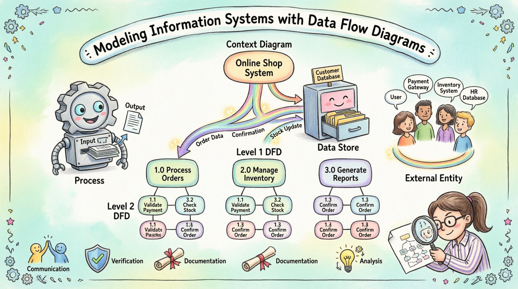 Whimsical infographic illustrating Data Flow Diagrams for modeling information systems, showing four core components (processes as gear robots, data stores as smiling filing cabinets, external entities as cartoon people, data flows as sparkling arrows), hierarchical decomposition levels (Context Diagram, Level 1, Level 2), key benefits (communication, verification, documentation, analysis), and a playful analyst character examining the system blueprint
