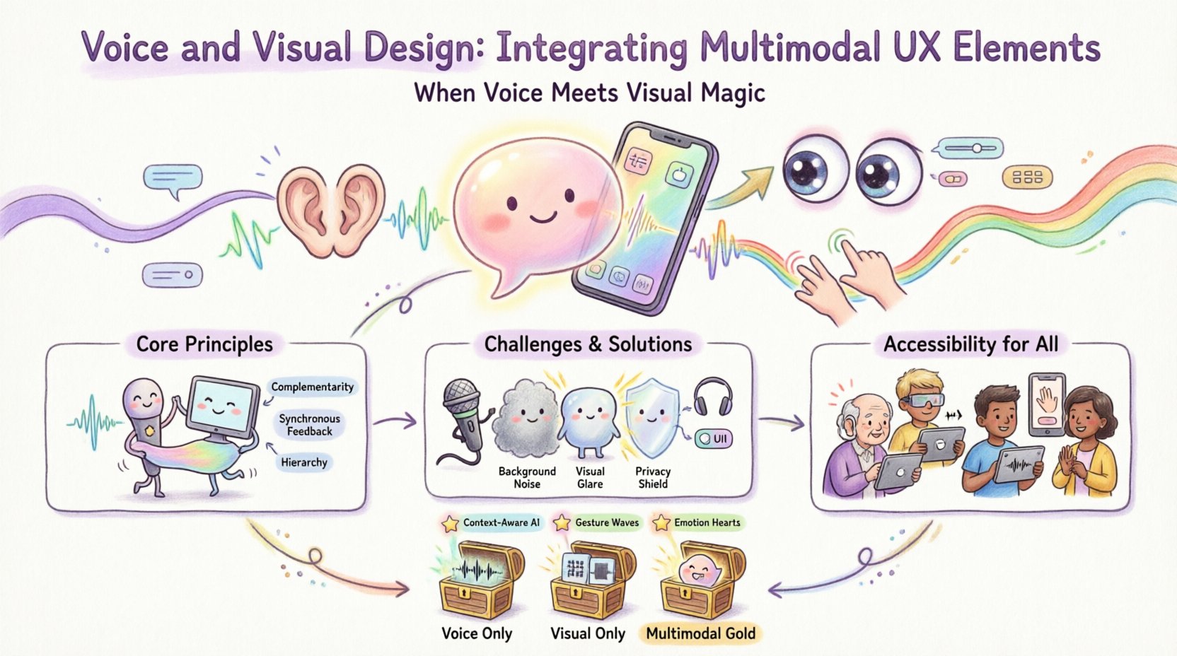 Whimsical infographic illustrating multimodal UX design principles: integrating voice commands with visual interfaces. Features core concepts including complementarity over repetition, synchronous feedback, hierarchy and focus, accessibility for vision and hearing impairments, cognitive load management, privacy considerations, and future trends like context-aware AI and gesture integration. Colorful playful design shows diverse users interacting with devices across environments, with comparison of voice-only, visual-only, and combined multimodal experiences.