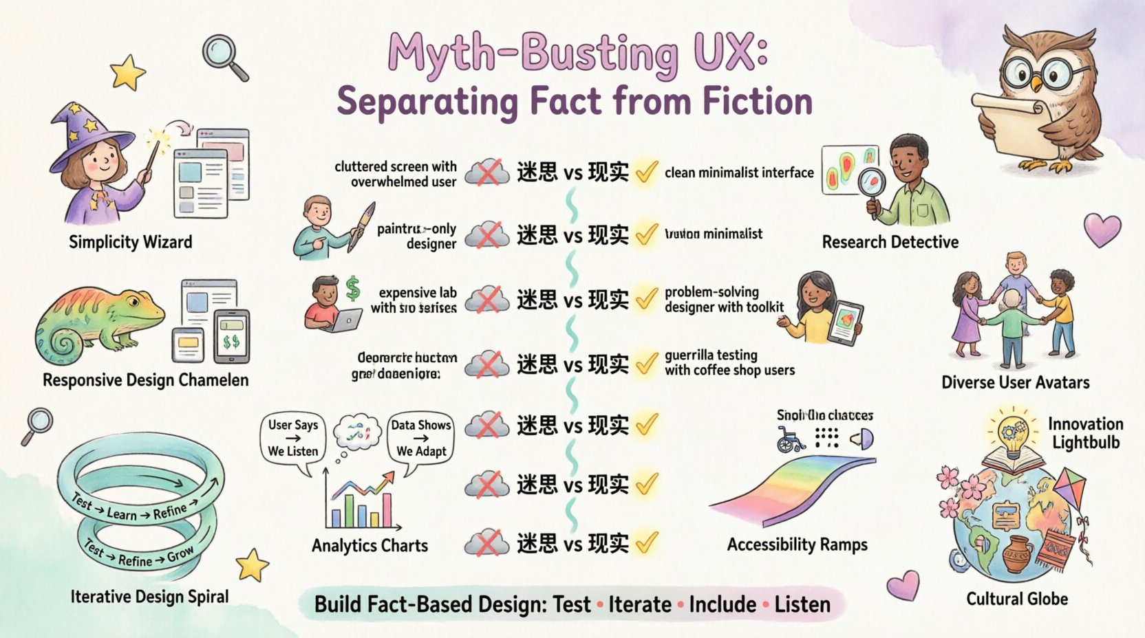 Whimsical infographic debunking 10 common UX design myths: featuring playful illustrations contrasting misconceptions like 'more features equal better experience' and 'design is just aesthetics' with evidence-based realities such as simplicity drives engagement, design solves problems, low-cost testing methods, responsive mobile-first strategy, inclusive personas, combining analytics with qualitative insights, accessibility as fundamental, iterative design processes, culturally-aware global design, and building on familiar patterns for innovation. Hand-drawn style with friendly characters, pastel colors, and clear myth-vs-reality visual comparisons to help teams build user-centered, accessible, and effective digital products.