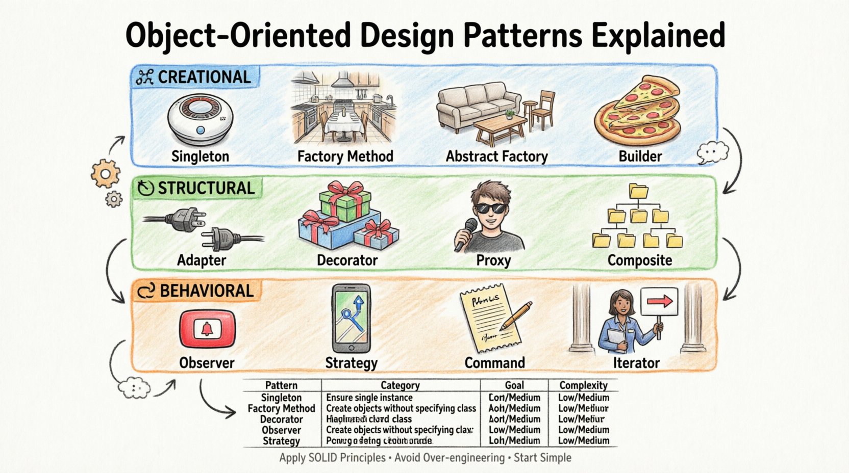Marker-style infographic explaining Object-Oriented Design Patterns in three categories: Creational (Singleton, Factory Method, Abstract Factory, Builder), Structural (Adapter, Decorator, Proxy, Composite), and Behavioral (Observer, Strategy, Command, Iterator), with real-world analogies, pattern comparison table, and SOLID principles guidance for software developers