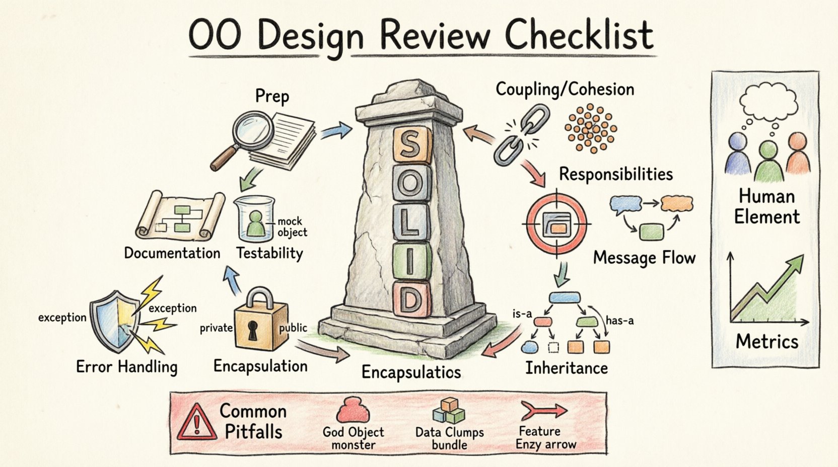 Hand-drawn infographic illustrating a practical 10-point checklist for successful object-oriented design reviews, featuring SOLID principles pillars, coupling and cohesion metrics, class responsibility guidelines, inheritance best practices, encapsulation rules, error handling strategies, testability considerations, documentation standards, common pitfalls to avoid, and team collaboration metrics - all presented with thick outline strokes in a sketch-style visual format for software architects and development teams