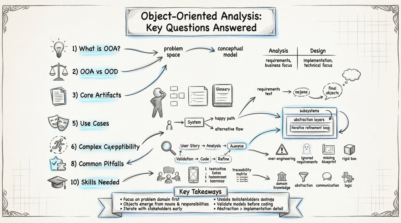 Hand-drawn sketch infographic answering top 10 questions about Object-Oriented Analysis (OOA), featuring sections on OOA definition, OOA vs OOD comparison table, core artifacts (use cases, domain models, glossaries), object identification techniques, use case workflows, strategies for complex systems, Agile methodology integration, common pitfalls to avoid, validation methods, and essential analyst skills, with visual diagrams and icons in monochrome pencil style with blue accent highlights