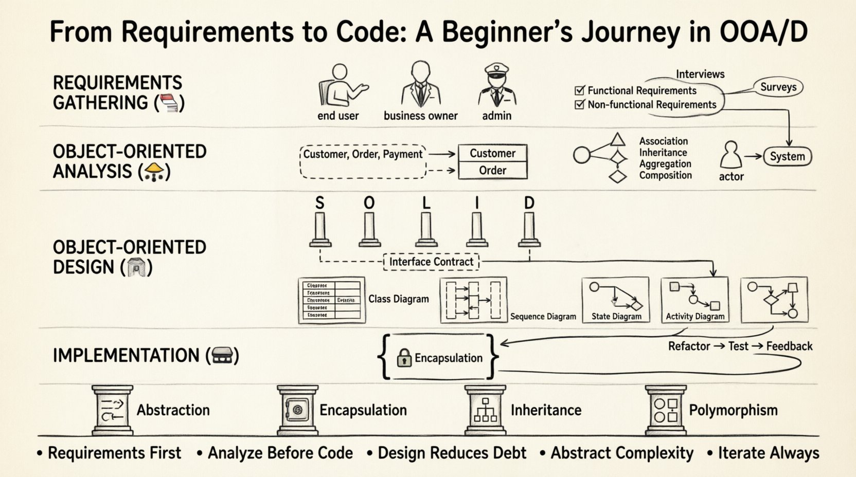 Line art infographic illustrating the beginner's journey in Object-Oriented Analysis and Design (OOA/D): a four-phase workflow from Requirements Gathering (stakeholders, functional requirements) through Object-Oriented Analysis (identifying classes, relationships, use cases) to Object-Oriented Design (SOLID principles, interfaces, UML diagrams) and Implementation (encapsulation, iterative development), featuring the four OOP pillars—Abstraction, Encapsulation, Inheritance, Polymorphism—and key takeaways for building maintainable, scalable software.