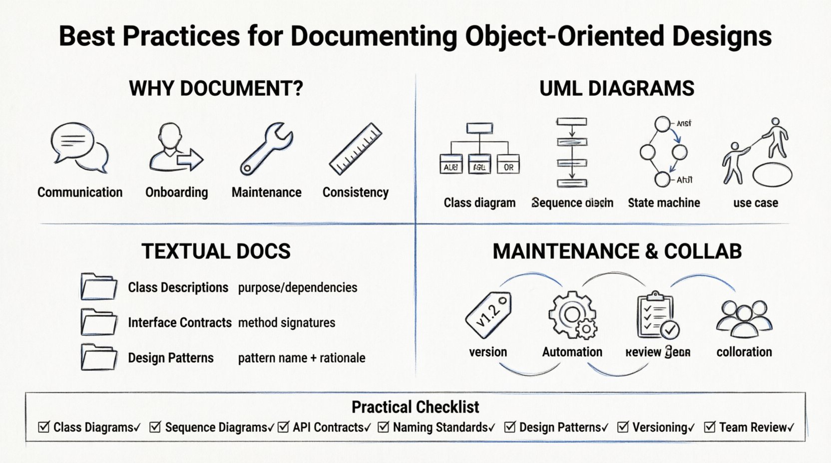 Line art infographic outlining best practices for documenting object-oriented analysis and design (OOAD), featuring four key sections: why documentation matters (communication, onboarding, maintenance, consistency), essential UML diagram types (class, sequence, state machine, use case), textual documentation components (class descriptions, interface contracts, design patterns), and maintenance workflows (versioning, automation, reviews, collaboration), plus a practical 7-item implementation checklist