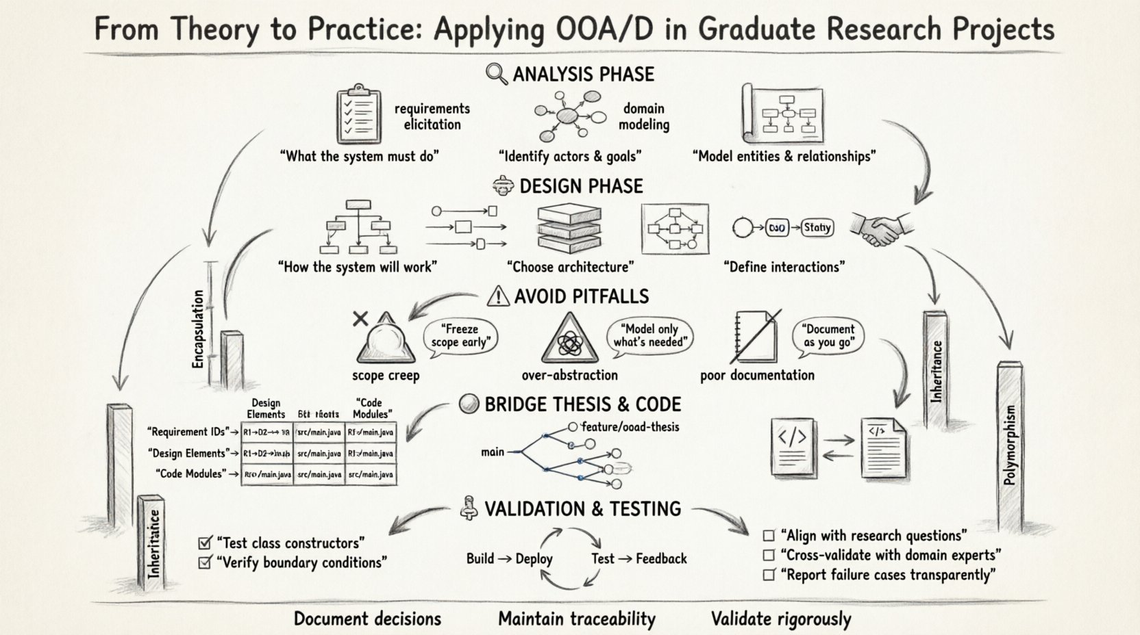 Sketch-style infographic illustrating the Object-Oriented Analysis and Design (OOA/D) workflow for graduate research projects, showing five key phases: Analysis (requirements elicitation, domain modeling, use case and class diagrams), Design (architectural patterns like MVC, behavioral design with sequence diagrams, interface contracts), Common Pitfalls to avoid (scope creep, over-abstraction, poor documentation), Bridging Thesis and Implementation (traceability matrix, version control for design), and Validation & Testing (unit testing, integration testing, research validation checklist). The visual emphasizes object-oriented pillars—encapsulation, inheritance, polymorphism—and includes hand-drawn arrows connecting stages, with academic-focused labels and mitigation strategies for successful thesis development.