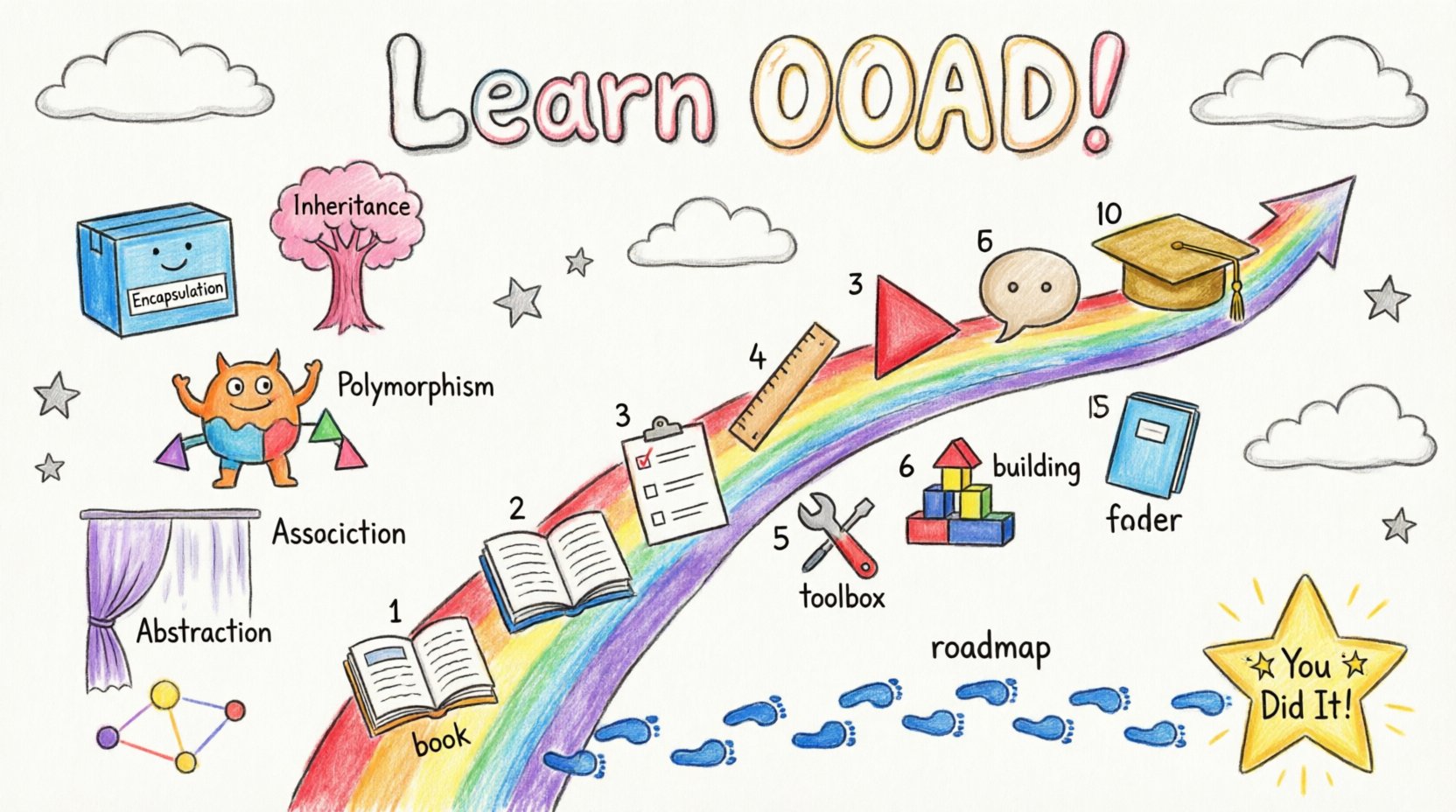 Child's drawing style infographic illustrating the top 10 resources for learning Object-Oriented Analysis and Design, featuring five colorful pillar characters representing core OOP concepts (Encapsulation, Inheritance, Polymorphism, Abstraction, Association), ten numbered hand-drawn icons for learning resources including textbooks, UML guides, online courses, community forums, and workshops, plus a playful rainbow learning path with milestones, all rendered in bright crayon and marker aesthetic with simple shapes and hand-lettered English labels on a white background with doodle clouds
