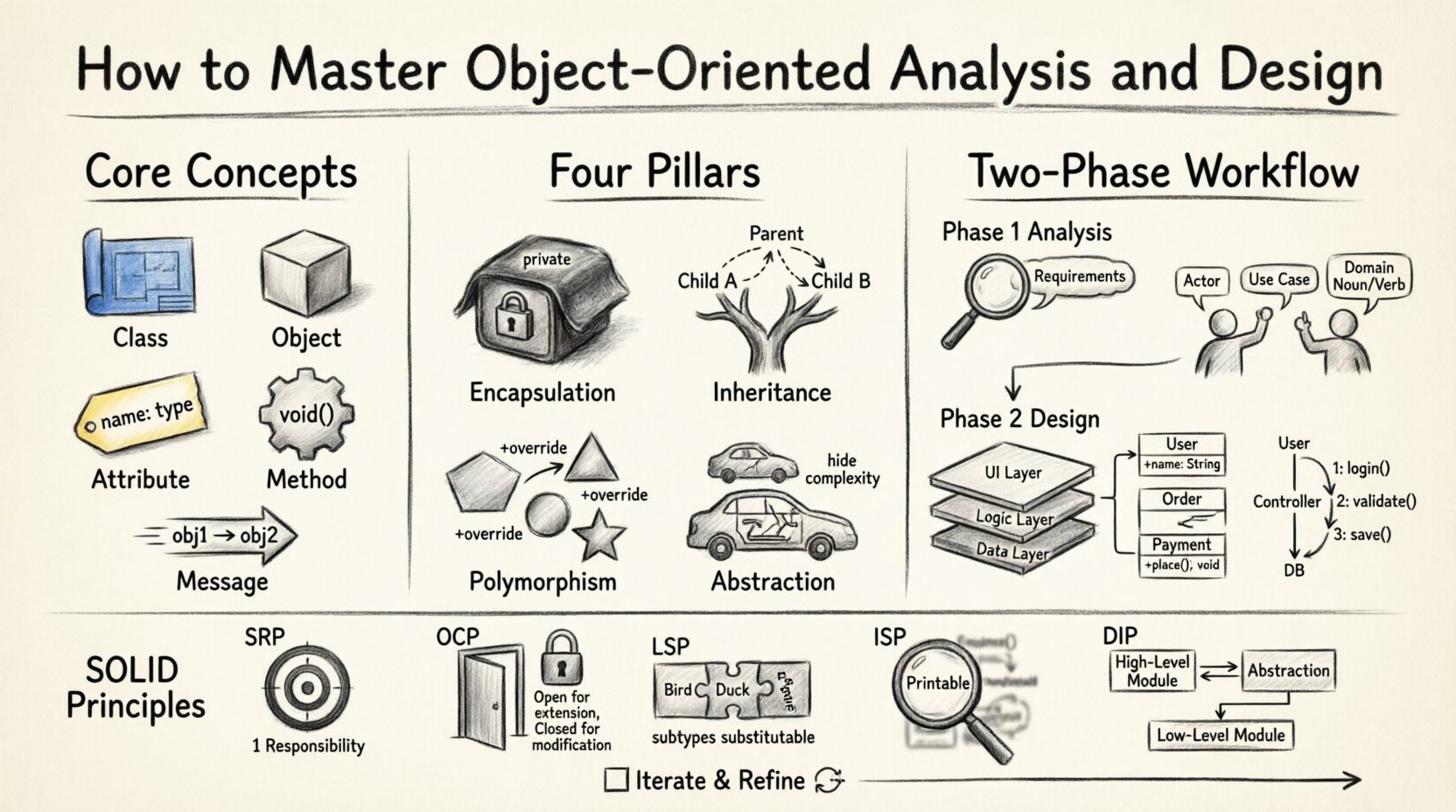 Charcoal contour sketch infographic visualizing Object-Oriented Analysis and Design (OOAD) fundamentals: core terminology (class, object, attribute, method), four pillars (encapsulation, inheritance, polymorphism, abstraction), two-phase workflow (analysis with use cases → design with class/sequence diagrams), SOLID principles badges, relationship types (association, aggregation, composition), and iterative best practices checklist for beginner software developers