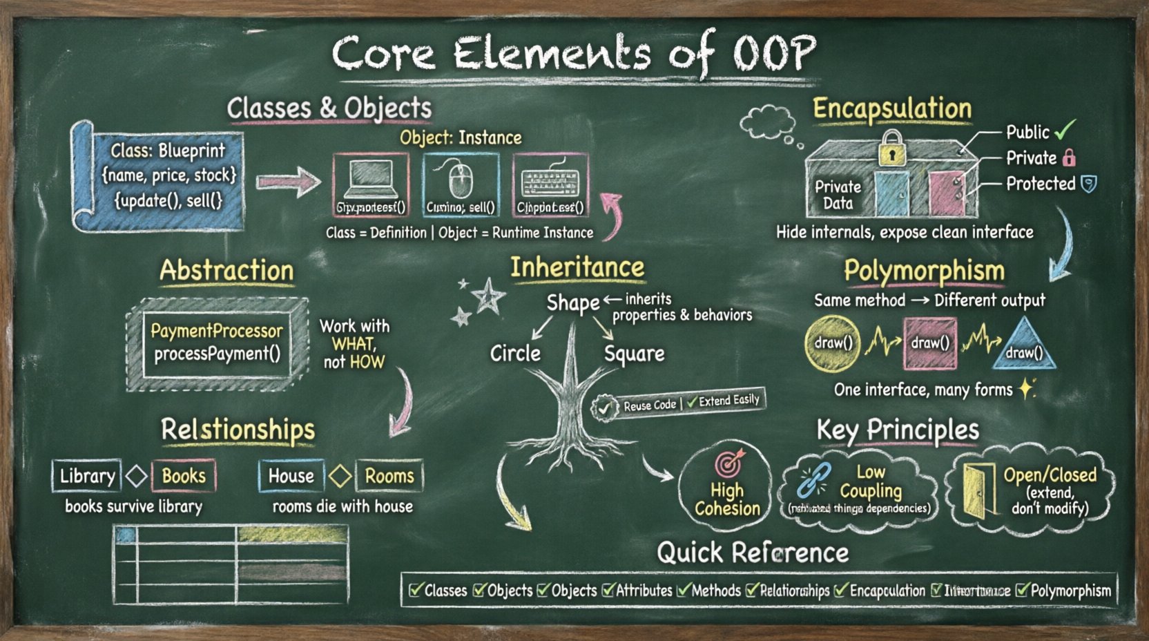 Chalkboard-style educational infographic illustrating the core elements of Object-Oriented Programming: Classes and Objects as blueprint vs instance, Encapsulation with access modifiers, Abstraction hiding complexity, Inheritance tree showing code reuse, Polymorphism demonstrating one interface with multiple implementations, and relationship types (Aggregation vs Composition). Hand-drawn teacher aesthetic with clear visual diagrams, key principles (High Cohesion, Low Coupling, Open/Closed), and a quick-reference checklist for software developers learning OOP fundamentals.