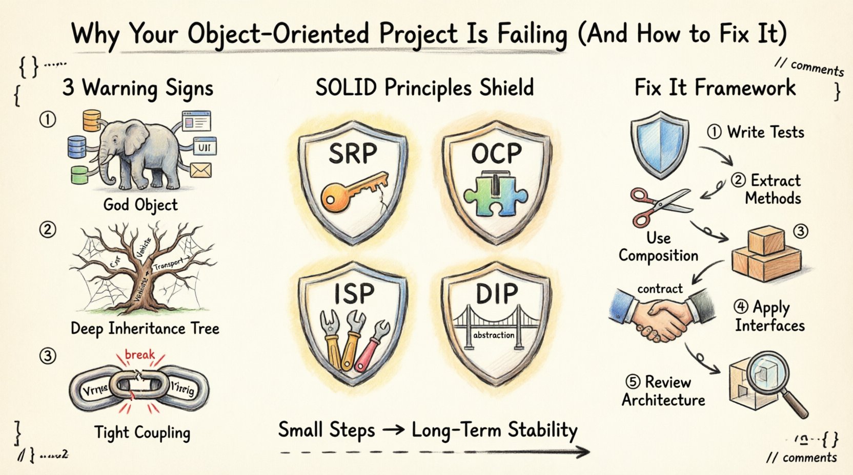 Hand-drawn infographic illustrating common causes of object-oriented programming project failures including God Object syndrome, deep inheritance trees, and tight coupling, alongside solutions based on SOLID principles, refactoring strategies, and best practices for code stability and maintainability