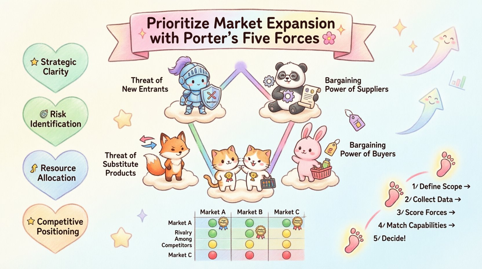 Kawaii-style infographic illustrating Porter's Five Forces framework for prioritizing market expansion opportunities, featuring cute chibi characters representing threat of new entrants, supplier power, buyer power, substitute products, and competitive rivalry, with strategic benefits, prioritization matrix, and step-by-step application guide in soft pastel colors