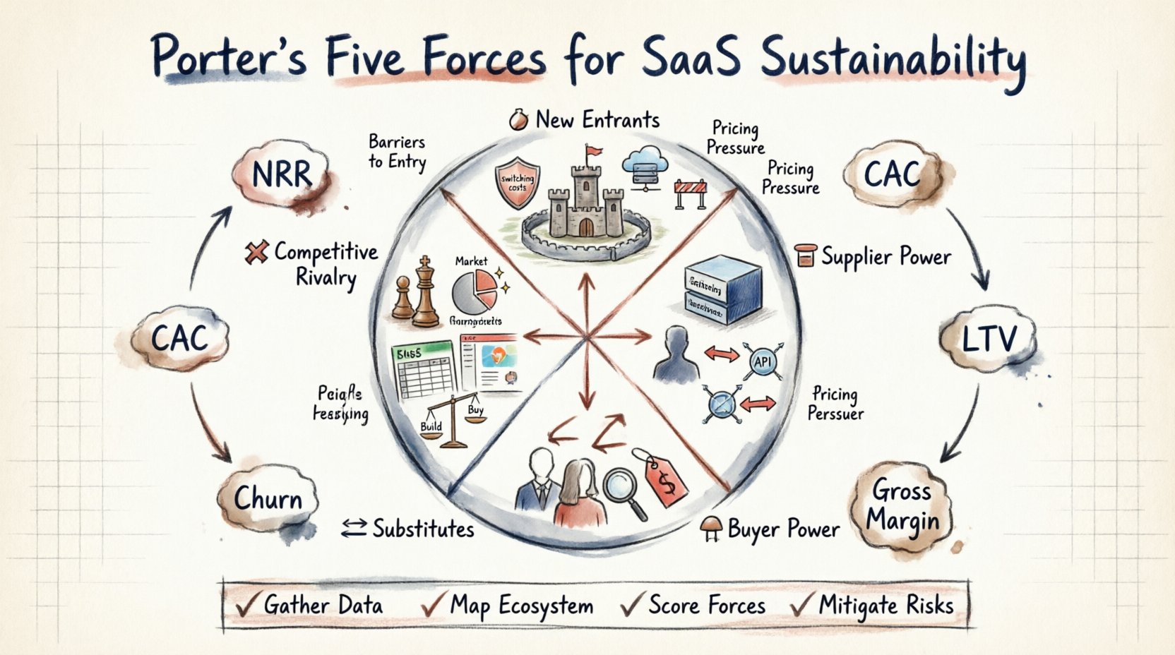 Hand-drawn infographic illustrating Porter's Five Forces framework for SaaS business model sustainability, featuring five strategic forces (threat of new entrants, supplier power, buyer power, substitutes, competitive rivalry) with custom icons, key SaaS metrics (NRR, CAC, LTV, Churn, Gross Margin), and actionable implementation steps in a 16:9 layout