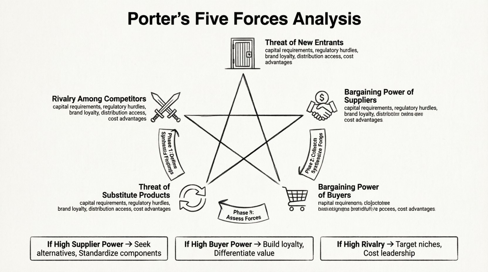 Line art infographic illustrating Porter's Five Forces Analysis framework: a central pentagon diagram showing Threat of New Entrants, Bargaining Power of Suppliers, Bargaining Power of Buyers, Threat of Substitute Products, and Rivalry Among Competitors, each with key evaluation factors; surrounded by a 4-step workflow (Define Scope, Collect Data, Assess Forces, Synthesize Findings) and strategic response recommendations for high-intensity forces, designed for business strategy planning and competitive landscape analysis
