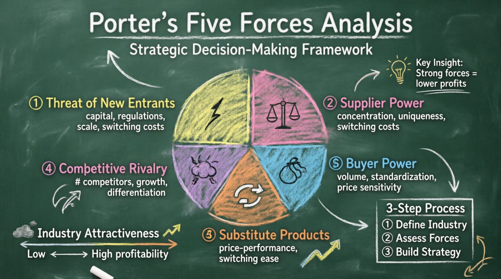 Chalkboard-style educational infographic illustrating Porter's Five Forces Analysis framework for strategic decision-making, showing the five competitive forces: threat of new entrants, supplier power, buyer power, threat of substitutes, and competitive rivalry, with key factors and industry attractiveness assessment, designed with hand-written teacher aesthetic for easy understanding