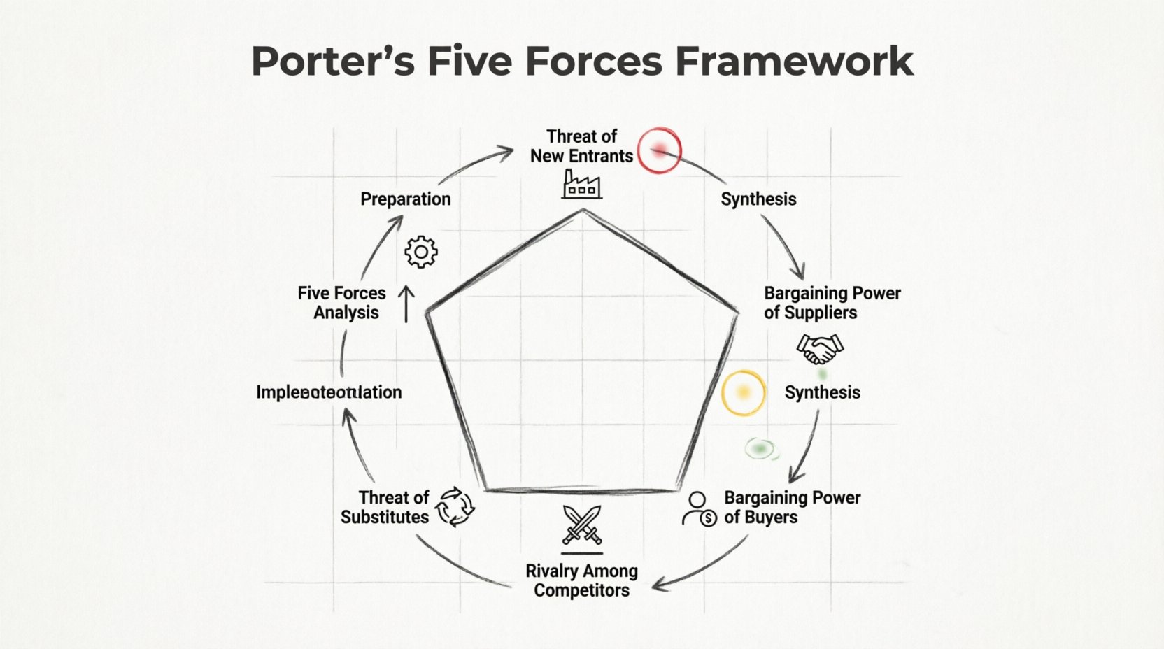 Line art infographic illustrating Porter's Five Forces Framework for structuring client presentations, featuring a central pentagon diagram with five competitive forces: threat of new entrants, supplier power, buyer power, competitive rivalry, and substitute products, surrounded by a strategic workflow from data preparation through analysis synthesis to actionable business recommendations, professional black and white business illustration style