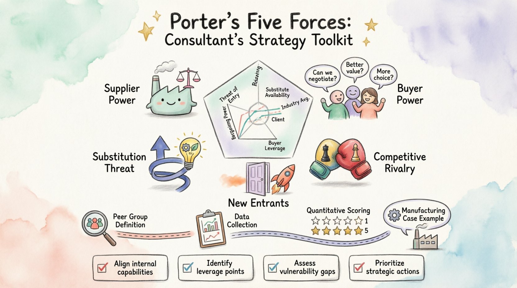 Whimsical infographic illustrating Porter's Five Forces competitive benchmarking framework for business consultants, featuring playful hand-drawn icons for supplier power, buyer power, competitive rivalry, substitution threats, and new entrant barriers, with assessment criteria, benchmarking methodology steps, defensive and offensive strategy recommendations, and a manufacturing case example, arranged in a colorful 16:9 pentagon layout with soft pastel watercolor background
