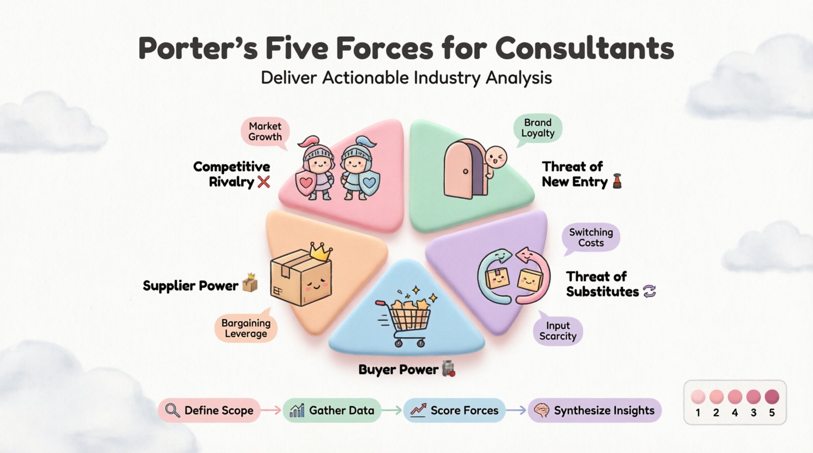 Kawaii cute vector infographic illustrating Porter's Five Forces framework for consultants: Competitive Rivalry, Threat of New Entry, Threat of Substitutes, Supplier Power, and Buyer Power. Features pastel-colored rounded icons, key drivers, 4-step implementation flowchart, and intensity scoring legend. Designed in simplified vector style with soft pink, mint, lavender, peach, and sky blue tones on white background, 16:9 aspect ratio, English text for strategic consulting industry analysis.