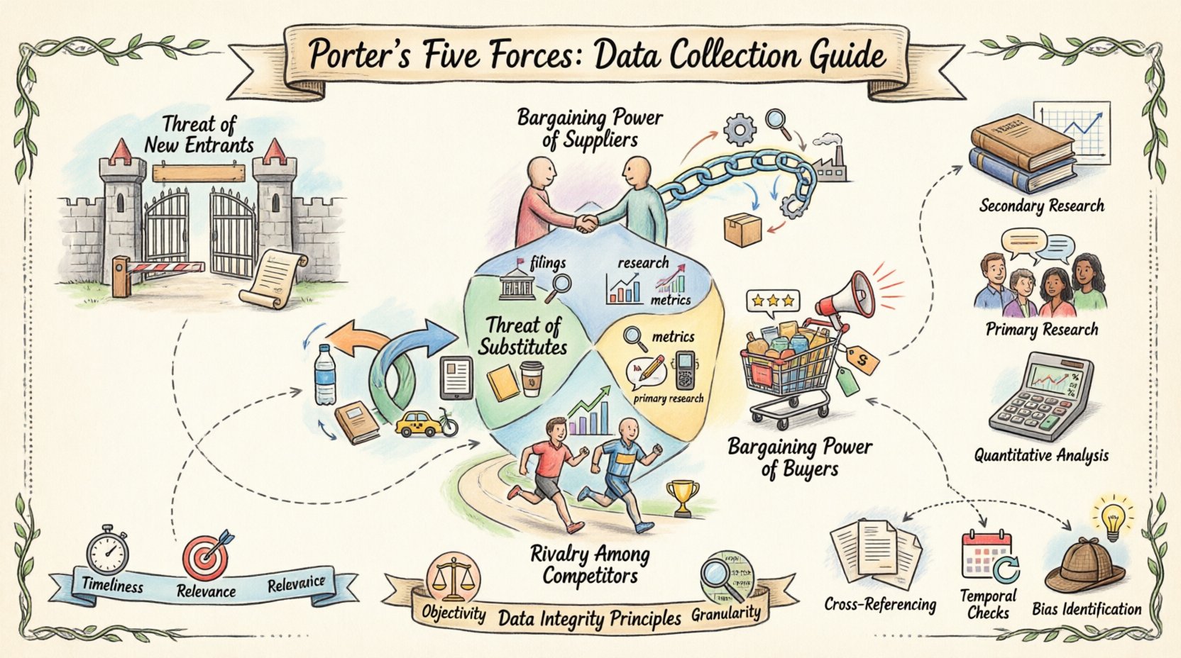 Whimsical infographic illustrating Porter's Five Forces data collection framework: five competitive forces (new entrants, supplier power, buyer power, substitutes, rivalry) with hand-drawn icons for data sources like government filings, industry associations, patent databases, and primary research methods; features data integrity principles (timeliness, relevance, objectivity, granularity), validation techniques, and collection methods in playful watercolor style with soft blues, oranges, and purples on 16:9 layout