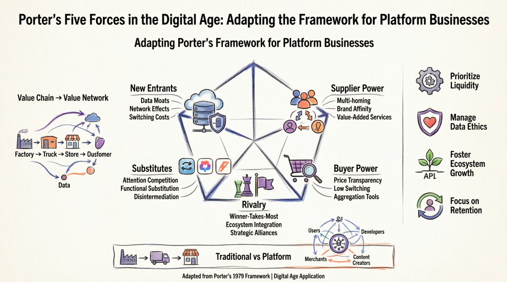 Marker-style infographic illustrating Porter's Five Forces adapted for digital platform businesses: pentagon diagram showing Threat of New Entrants (data moats, network effects), Supplier Power (user-as-supplier dynamics), Buyer Power (price transparency, low switching costs), Threat of Substitutes (attention competition), and Competitive Rivalry (ecosystem integration); includes value chain to value network transformation visual, strategic pillars for digital leaders, and traditional vs. platform business comparison