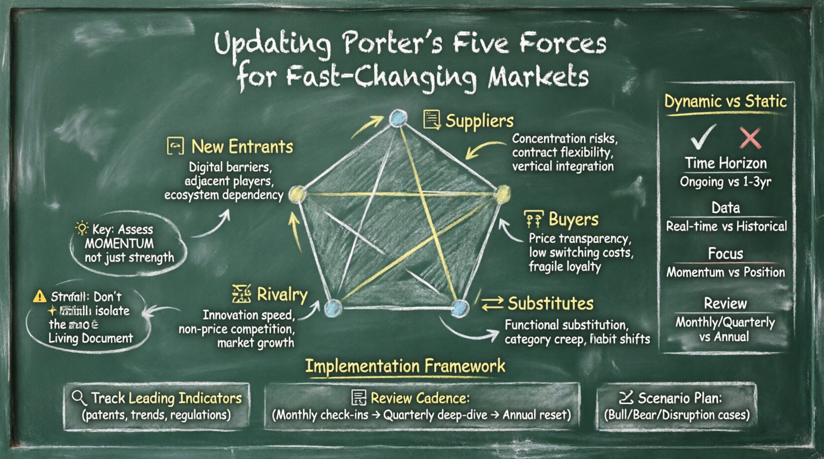 Chalkboard-style infographic illustrating how to modernize Porter's Five Forces analysis for volatile markets, showing the five competitive forces with digital-era adaptations, dynamic versus static analysis comparison, and a three-step implementation framework with review cadence
