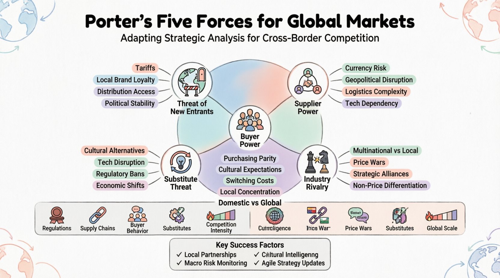 Infographic illustrating Porter's Five Forces framework adapted for global markets, featuring five key competitive forces (threat of new entrants, supplier power, buyer power, substitute threats, industry rivalry) with international considerations like tariffs, currency fluctuations, cultural differences, and geopolitical risks, designed in clean flat style with pastel colors and rounded icons for educational use