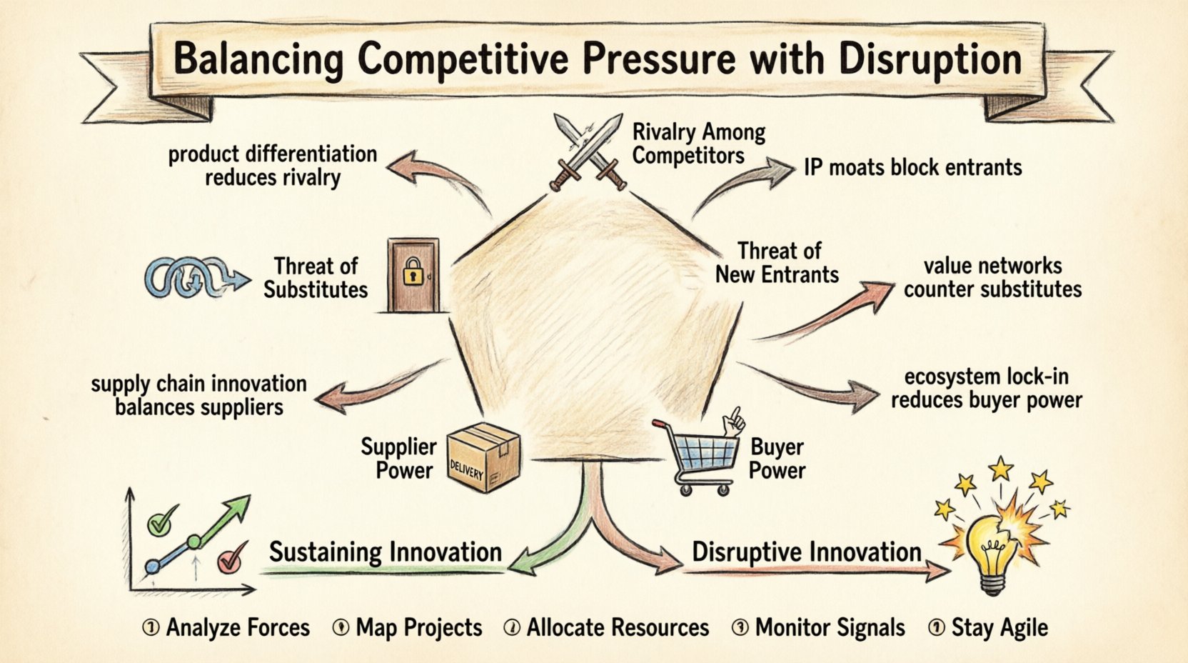 Hand-drawn infographic illustrating Porter's Five Forces framework integrated with innovation strategy, showing how sustaining and disruptive innovation approaches balance competitive pressures from rivalry, new entrants, substitutes, supplier power, and buyer power to drive business growth and market differentiation