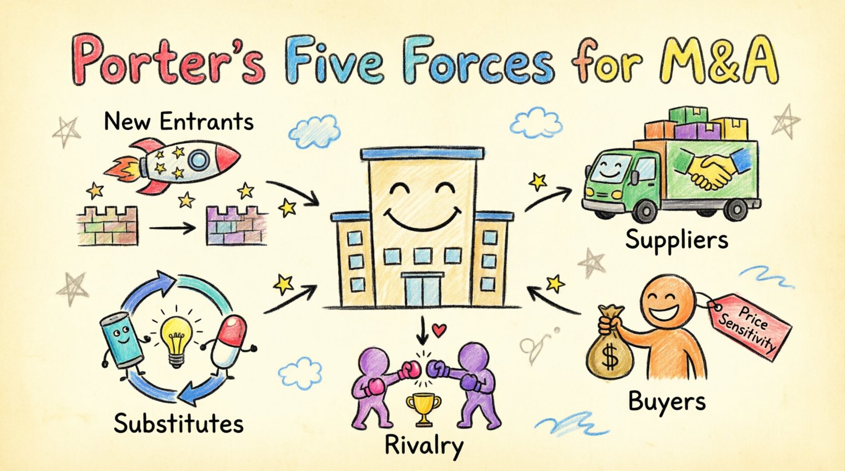 Child's drawing style infographic illustrating Porter's Five Forces framework for M&A due diligence: central company building surrounded by five colorful hand-drawn icons representing threat of new entrants (rocket), supplier power (delivery truck), buyer power (customer with money), substitute products (circular arrows), and competitive rivalry (boxing gloves), with arrows showing how industry dynamics impact business valuation, risk assessment, and acquisition strategy
