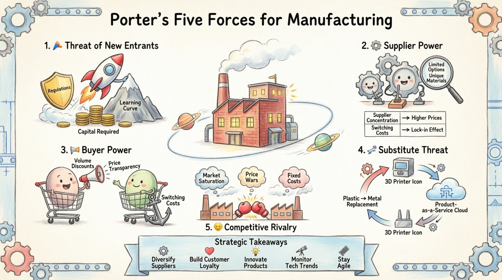 Whimsical infographic illustrating Porter's Five Forces framework for manufacturing: rocket blocked by capital coins and regulation shield (threat of new entrants), friendly gear suppliers with leverage indicators and switching cost anchors (supplier power), buyer icons with megaphones and volume discounts (buyer power), transformation arrows showing material substitution and 3D printing (substitute threats), competing factory characters with price war bubbles (competitive rivalry), plus strategic takeaways ribbon highlighting supply chain diversification, customer loyalty, innovation, and agility for manufacturing leaders