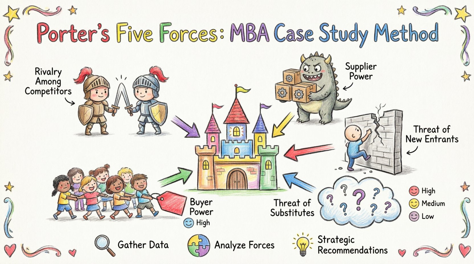 Child's drawing style infographic illustrating Porter's Five Forces framework for MBA case studies, featuring a central company castle surrounded by five playful illustrated forces: competitive rivalry knights, new entrant climbing a wall, supplier monster with boxes, buyer kids with shopping bags, and substitute shape-shifter cloud, with colorful arrows, simple High-Medium-Low ratings, and step-by-step analysis icons for strategic business education