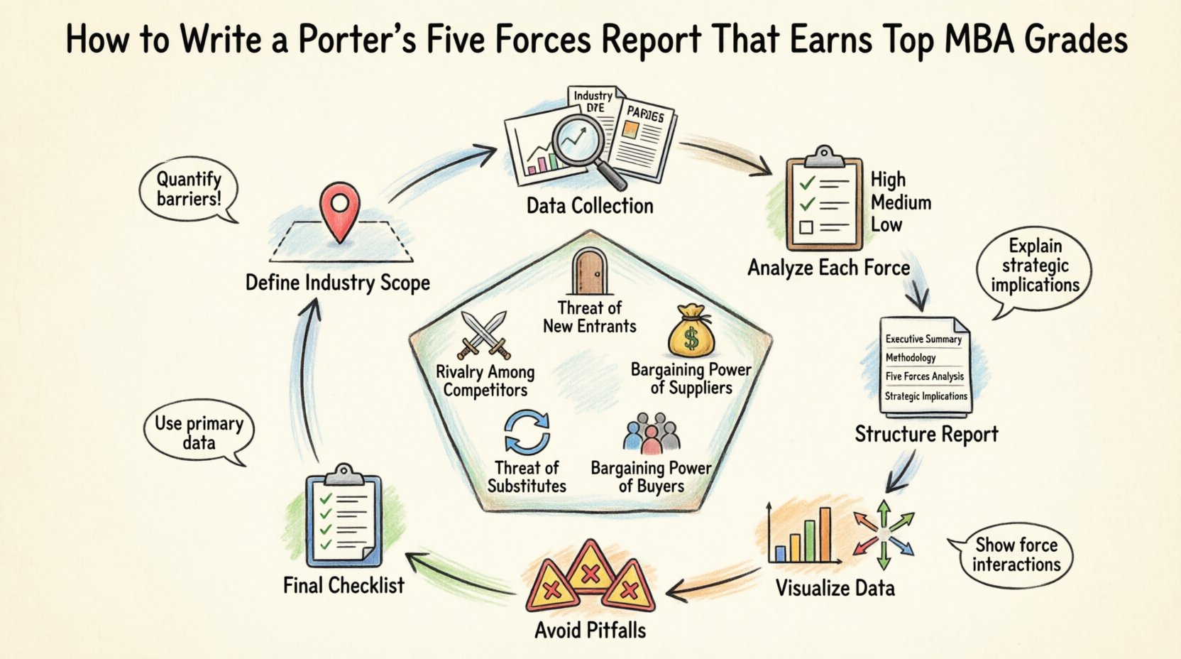 Hand-drawn infographic illustrating the step-by-step process for writing a high-scoring Porter's Five Forces report for MBA programs, featuring a central pentagon diagram of the five competitive forces (threat of new entrants, supplier power, buyer power, threat of substitutes, and competitive rivalry), surrounded by a workflow showing industry scope definition, data collection strategies, force analysis with intensity ratings, report structuring tips, data visualization techniques, common pitfalls to avoid, and a final submission checklist, all rendered in a warm hand-sketched style with thick outline strokes and muted watercolor accents