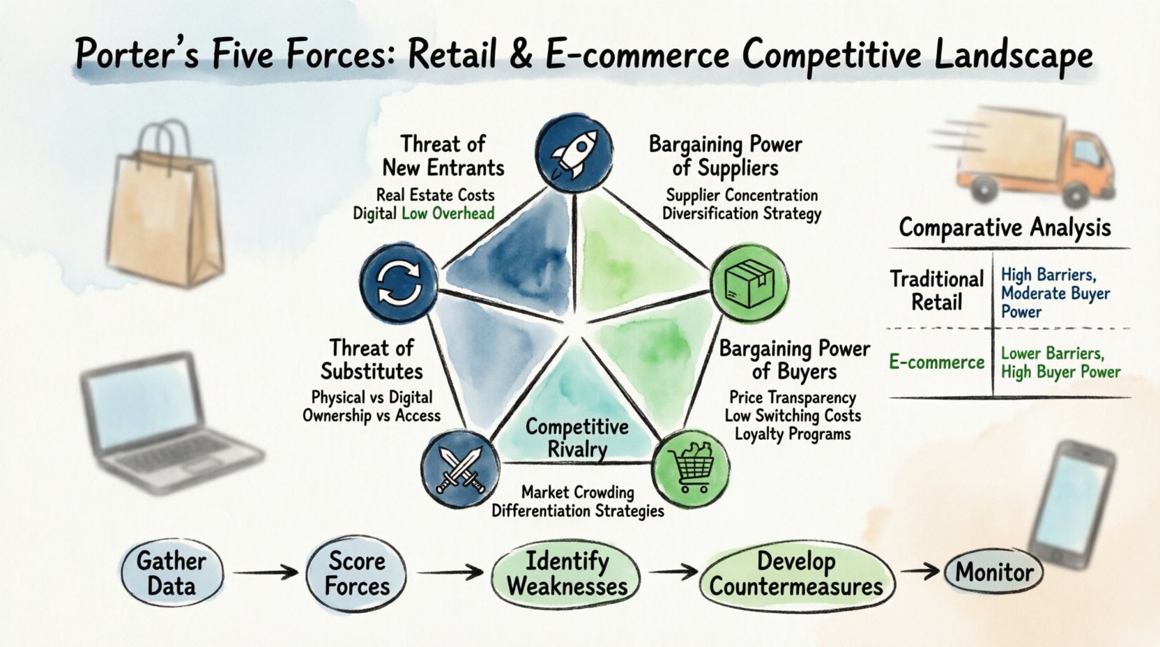 Marker illustration infographic of Porter's Five Forces framework applied to retail and e-commerce: visualizing threat of new entrants, supplier bargaining power, buyer bargaining power, substitute products threat, and competitive rivalry with side-by-side comparisons of traditional brick-and-mortar versus digital commerce strategies, implementation roadmap, and key competitive intelligence insights for business planning