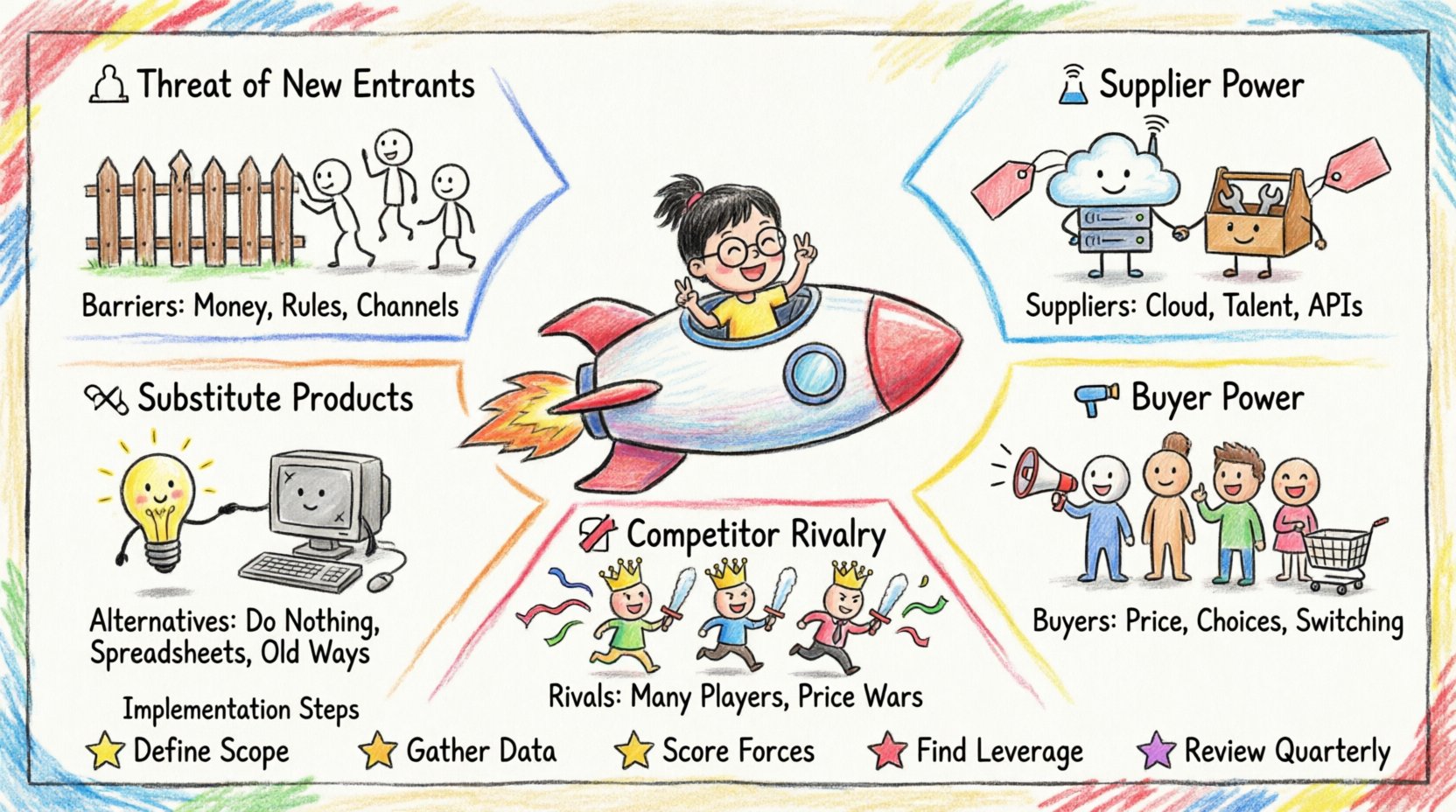 Child-style crayon drawing infographic explaining Porter's Five Forces framework for startup founders: central startup rocket surrounded by five playful sections showing threat of new entrants (fence icon), supplier power (cloud/tool icons), buyer power (customer megaphones), substitute products (lightbulb swap), and competitor rivalry (friendly race), plus implementation checklist with stars, bright primary colors, handwritten English labels for strategic business planning