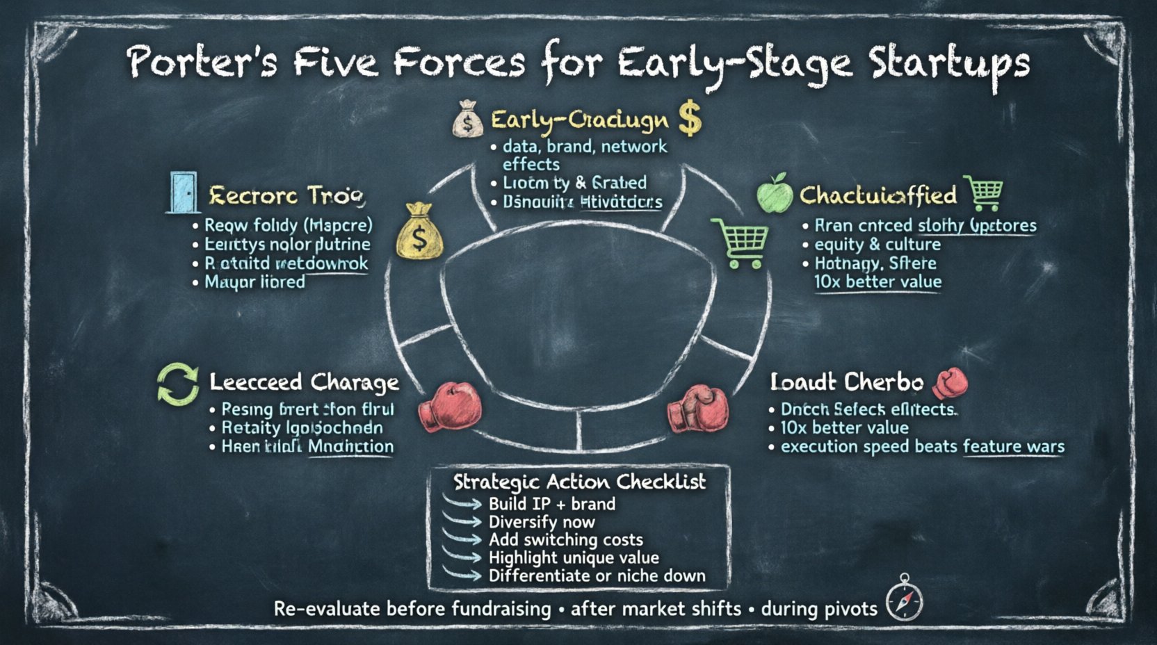 Chalkboard-style infographic illustrating Porter's Five Forces framework for early-stage startups: Threat of New Entrants (build data moats and speed), Supplier Power (diversify vendors, retain talent), Buyer Power (increase switching costs, differentiate value), Substitute Products (prove 10x ROI over manual solutions), and Competitive Rivalry (find niches, monitor rivals). Features hand-written teacher aesthetic with icons, strategic action checklist, and re-evaluation triggers for startup founders.
