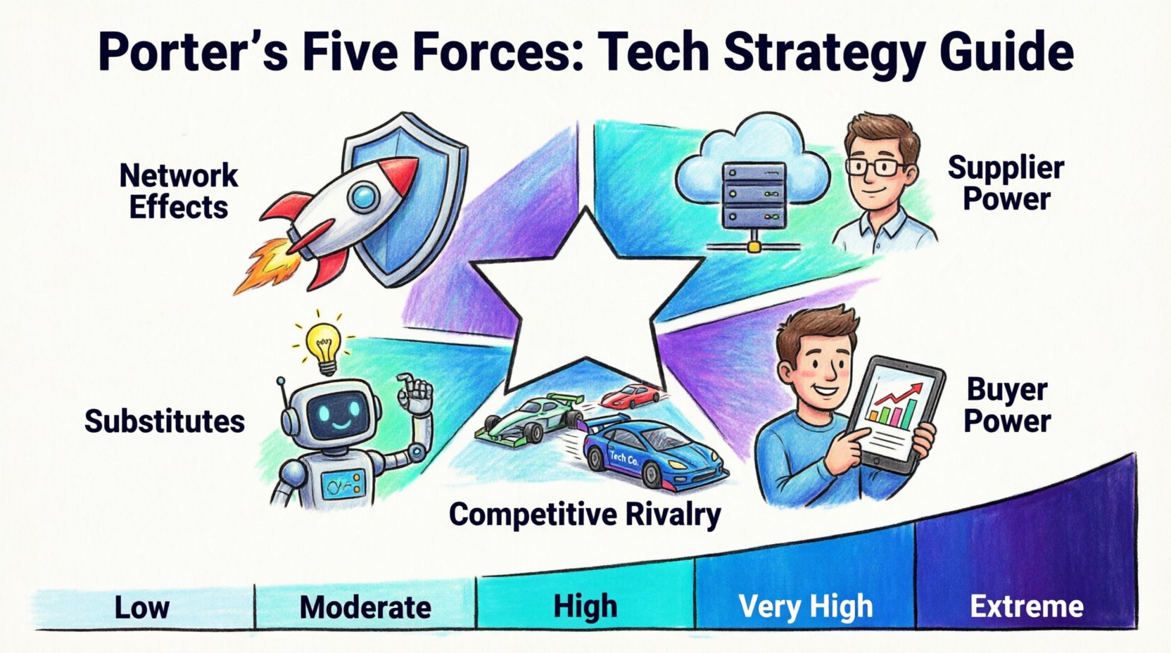 Cartoon infographic illustrating Porter's Five Forces Analysis for technology industries: Threat of New Entrants (network effects, capital barriers), Bargaining Power of Suppliers (talent scarcity, cloud dependency), Bargaining Power of Buyers (low switching costs, price transparency), Threat of Substitutes (AI disruption, alternative workflows), and Competitive Rivalry (feature wars, market share battles), with intensity ratings and strategic focus areas for tech sector planning