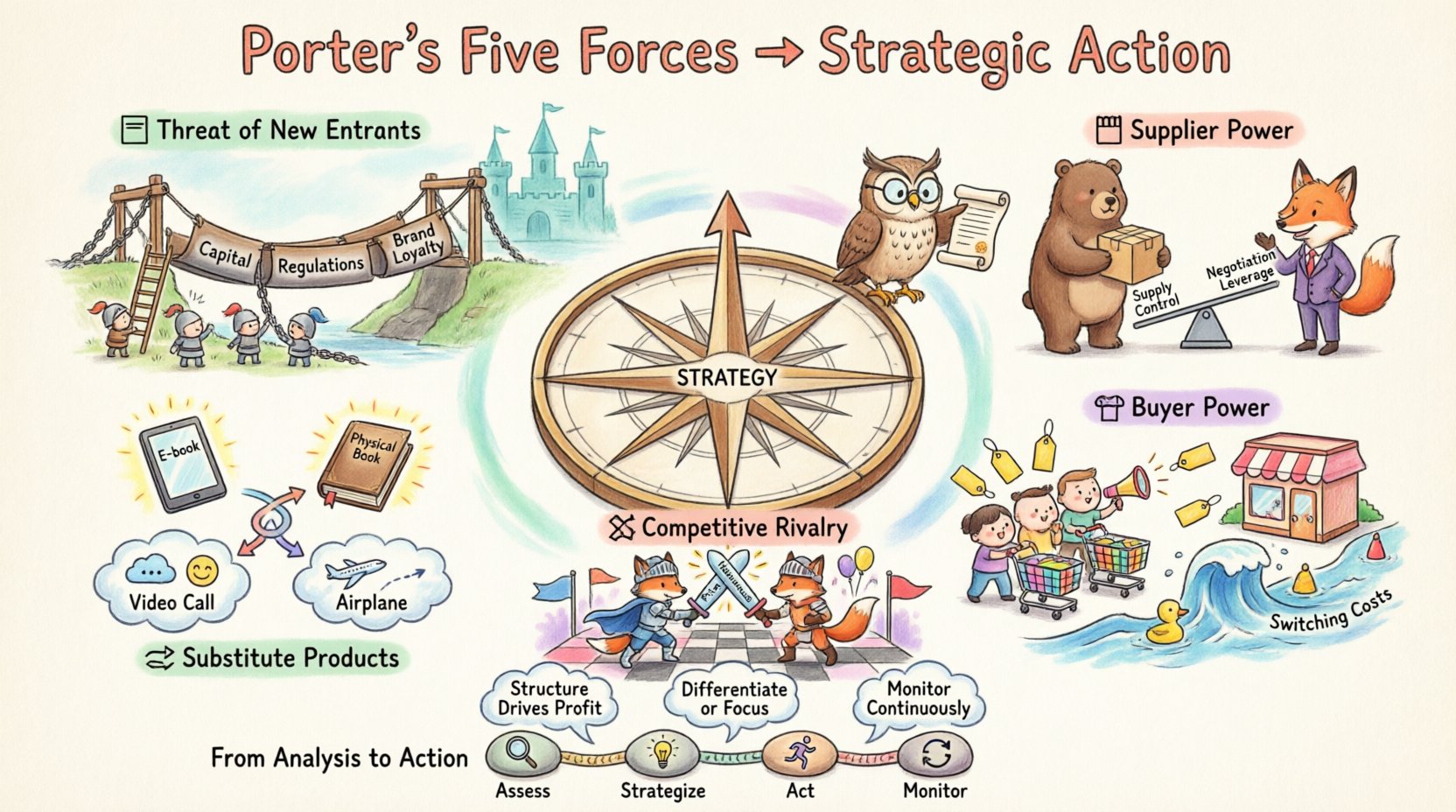 Whimsical infographic illustrating Porter's Five Forces framework for competitive advantage: threat of new entrants, supplier power, buyer power, substitute products, and competitive rivalry, with playful business animal characters, strategic action pathway, and key takeaways for business strategy planning in vibrant pastel watercolor style