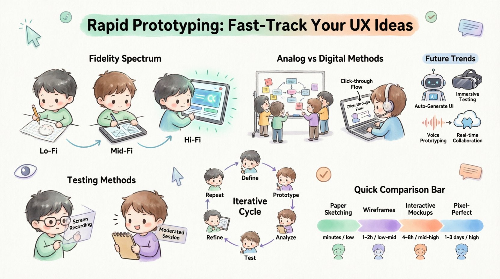 Chibi-style infographic illustrating rapid prototyping techniques for UX design, showing fidelity spectrum from low-fidelity paper sketches to high-fidelity interactive prototypes, analog and digital methods, iterative design cycle with define-prototype-test-analyze-refine-repeat stages, moderated and unmoderated usability testing approaches, technique comparison chart with time and fidelity metrics, and future trends including AI-assisted design and VR/AR prototyping