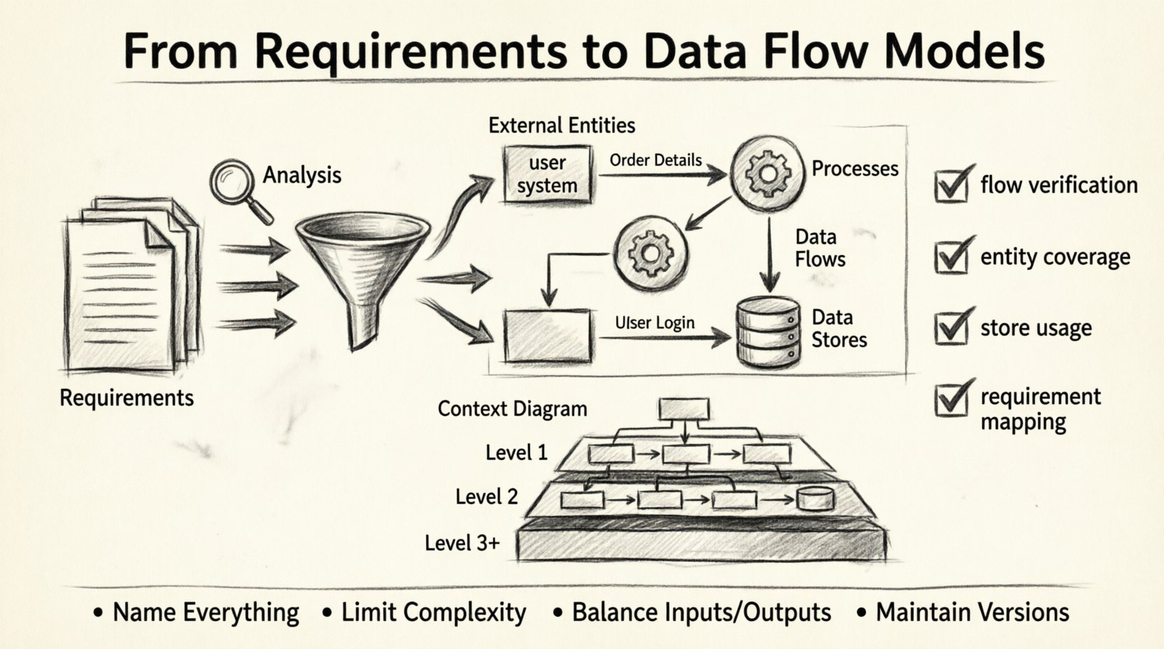 Charcoal contour sketch infographic illustrating the process of transforming software requirements into Data Flow Diagrams (DFDs), featuring the four core DFD components (external entities, processes, data flows, data stores), hierarchical abstraction levels from Context Diagram through Level 3+, validation techniques including flow verification and requirement mapping, and best practices for maintaining balanced, clear system models
