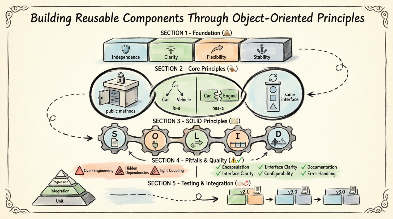 Hand-drawn infographic illustrating how to build reusable software components using Object-Oriented Principles: featuring foundational pillars (Independence, Clarity, Flexibility, Stability), core OOP concepts (Encapsulation with lock icon, Inheritance vs Composition comparison, Polymorphism with interchangeable shapes), five SOLID principles as interlocking gears, common pitfalls with warning signs, quality evaluation checklist, and testing pyramid with integration strategies - all rendered in thick-outline sketch style with soft color accents on cream background