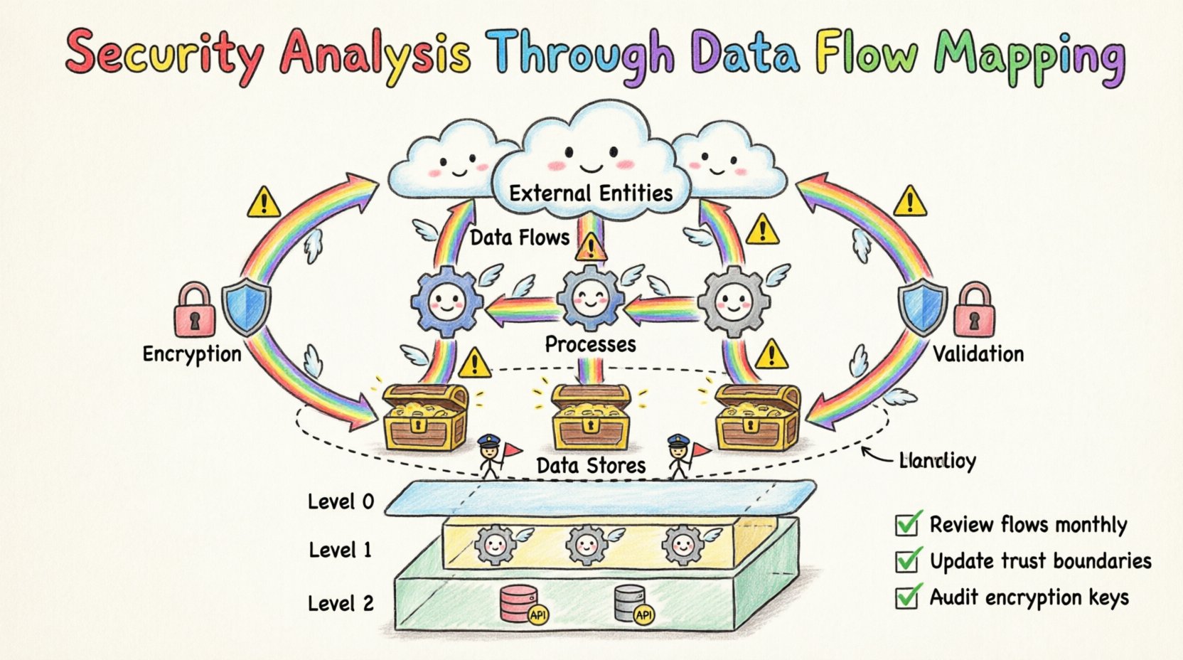 Child-style infographic illustrating security analysis through data flow mapping, showing external entities, processes, data stores, and data flows with security controls like encryption, input validation, and trust boundaries, plus risk categories and maintenance best practices, all rendered in colorful crayon hand-drawn style for educational clarity