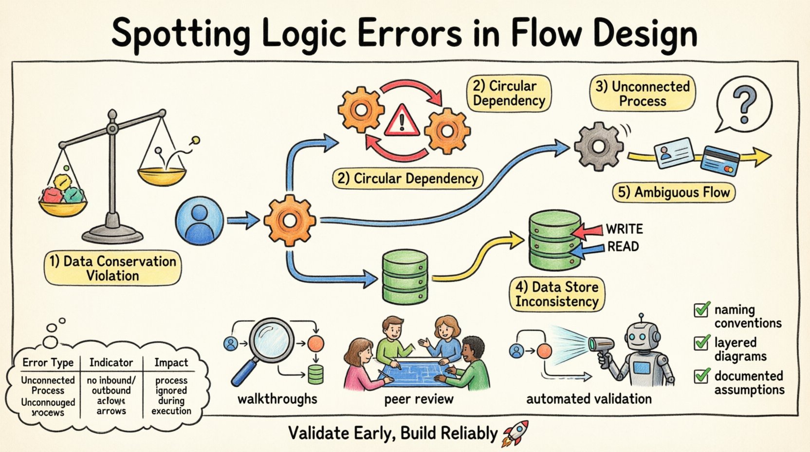 Cartoon infographic summarizing how to spot logic errors in flow design: illustrates five error types (data conservation violations, circular dependencies, unconnected processes, data store inconsistencies, ambiguous flows), detection methods (walkthroughs, peer review, automated validation), and prevention strategies with colorful Data Flow Diagram visuals for system architects and developers