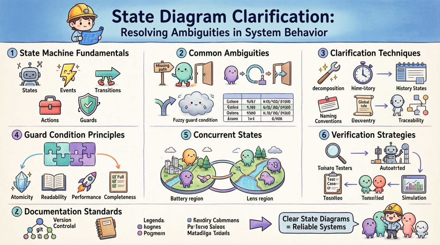 Chibi-style infographic explaining state diagram clarification for system behavior: illustrates state machine fundamentals (states, events, transitions, actions, guards), common ambiguities (missing transitions, entry/exit confusion, self-loops, ambiguous guards), resolution techniques (state decomposition, history states, naming conventions), guard condition principles (atomicity, readability, performance, completeness), concurrent state handling, verification strategies (formal verification, model checking, testing, peer review, simulation), and documentation standards - all presented with cute chibi characters and icons in a 16:9 educational layout for software engineers and system designers