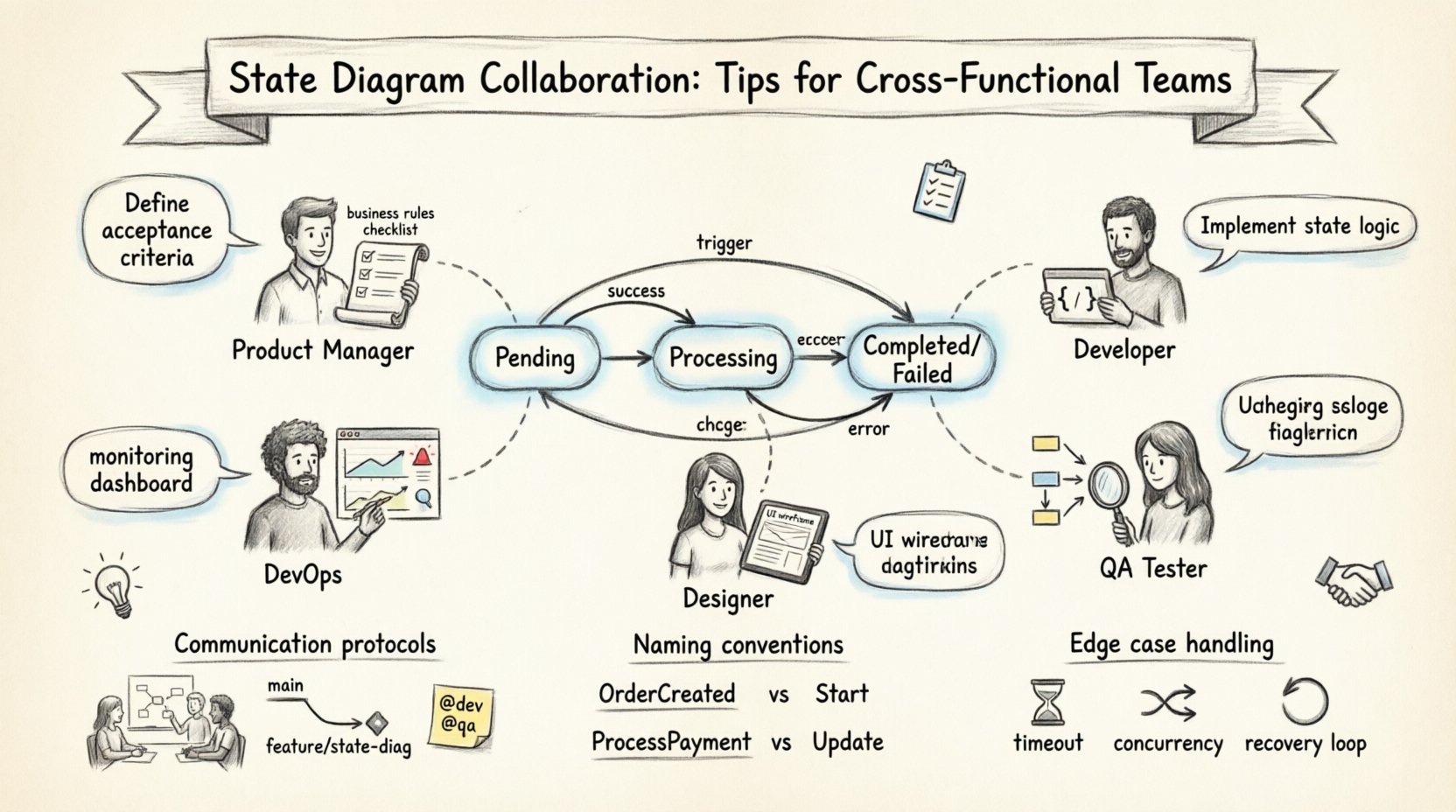 Sketch-style infographic illustrating collaborative state diagram design for cross-functional teams, featuring a central state machine flow (Pending→Processing→Completed/Failed) surrounded by five stakeholder roles (Product Manager, Developer, QA, DevOps, Designer) with their unique needs, plus key practices: communication protocols, naming conventions, edge case handling, and testing integration