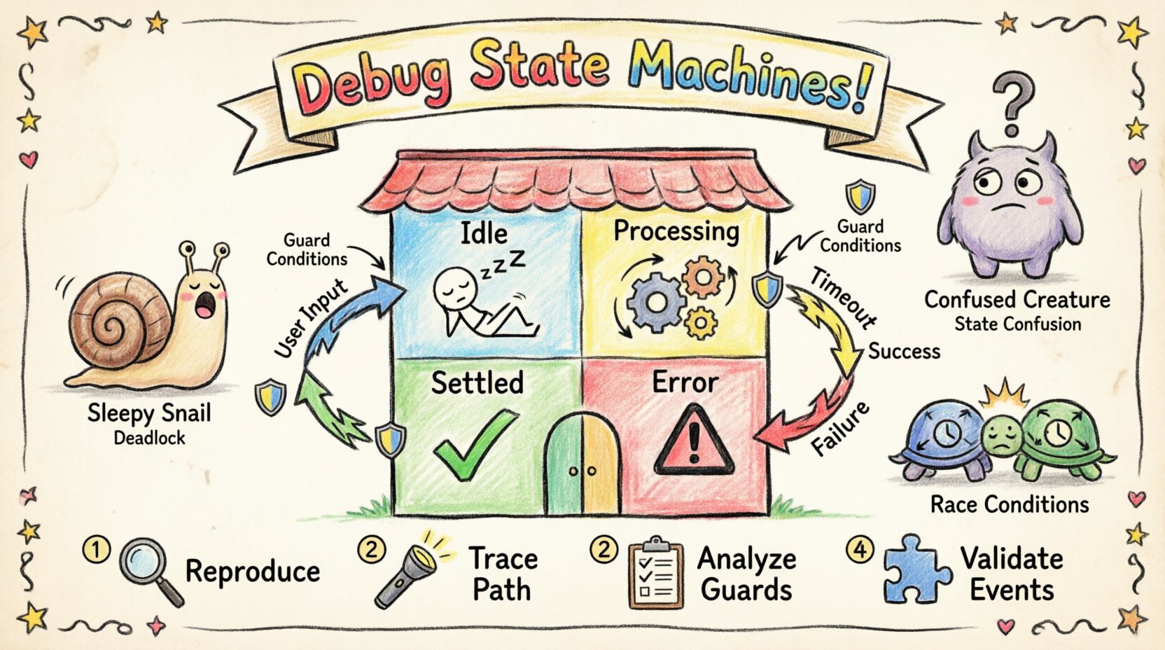 Child's drawing style infographic illustrating state diagram troubleshooting concepts including states, transitions, events, guards, common logic errors like deadlocks and race conditions, and a 4-step debugging methodology for complex software systems