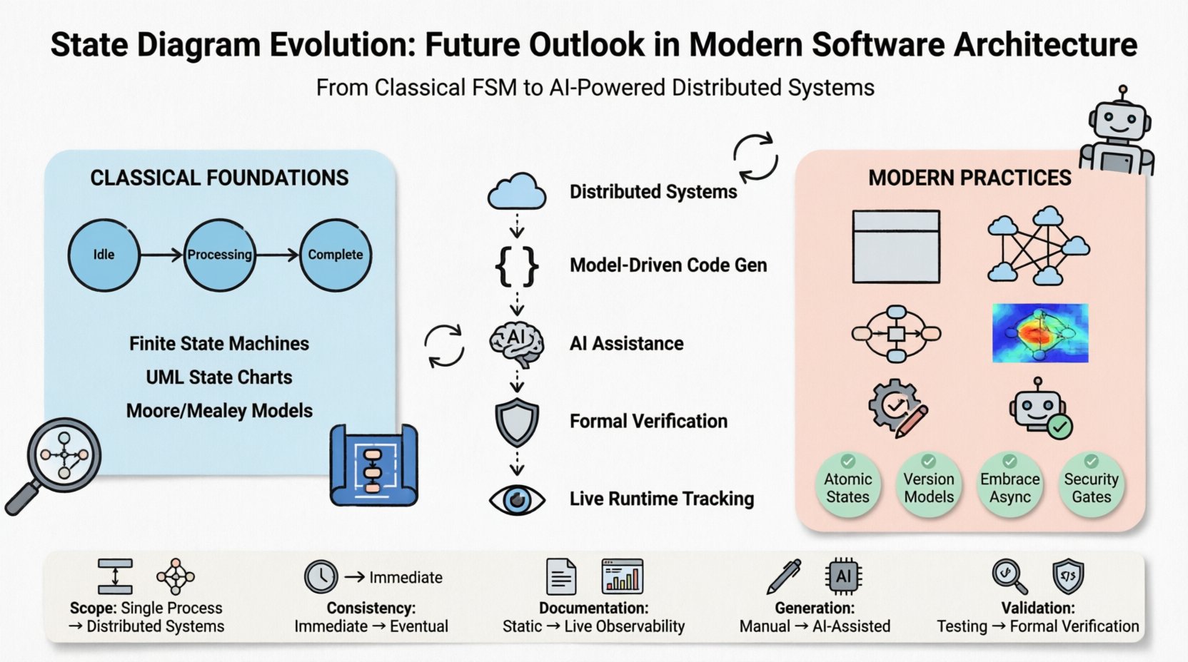 Infographic illustrating the evolution of state diagrams in software architecture: from classical finite state machines and UML models to modern distributed systems featuring microservices, model-driven code generation, AI-assisted design, formal verification, and live runtime observability. Clean flat design with pastel colors, rounded icons, and key comparisons between traditional monolithic and cloud-native approaches for students and developers.