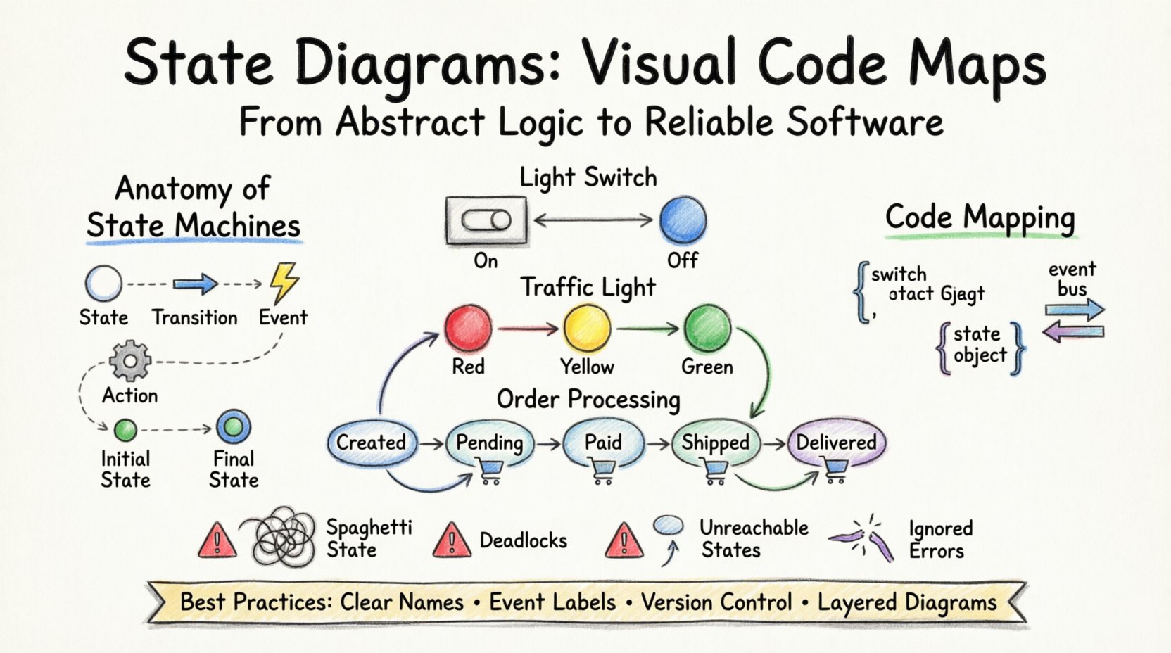 Marker-style infographic explaining state diagram examples for software engineering: visualizing state machine anatomy (states, transitions, events, actions), basic examples (light switch, traffic light), intermediate order processing workflow, advanced authentication flows, code mapping patterns (switch statements, state objects, event-driven architecture), common pitfalls to avoid, and documentation best practices for building reliable software systems