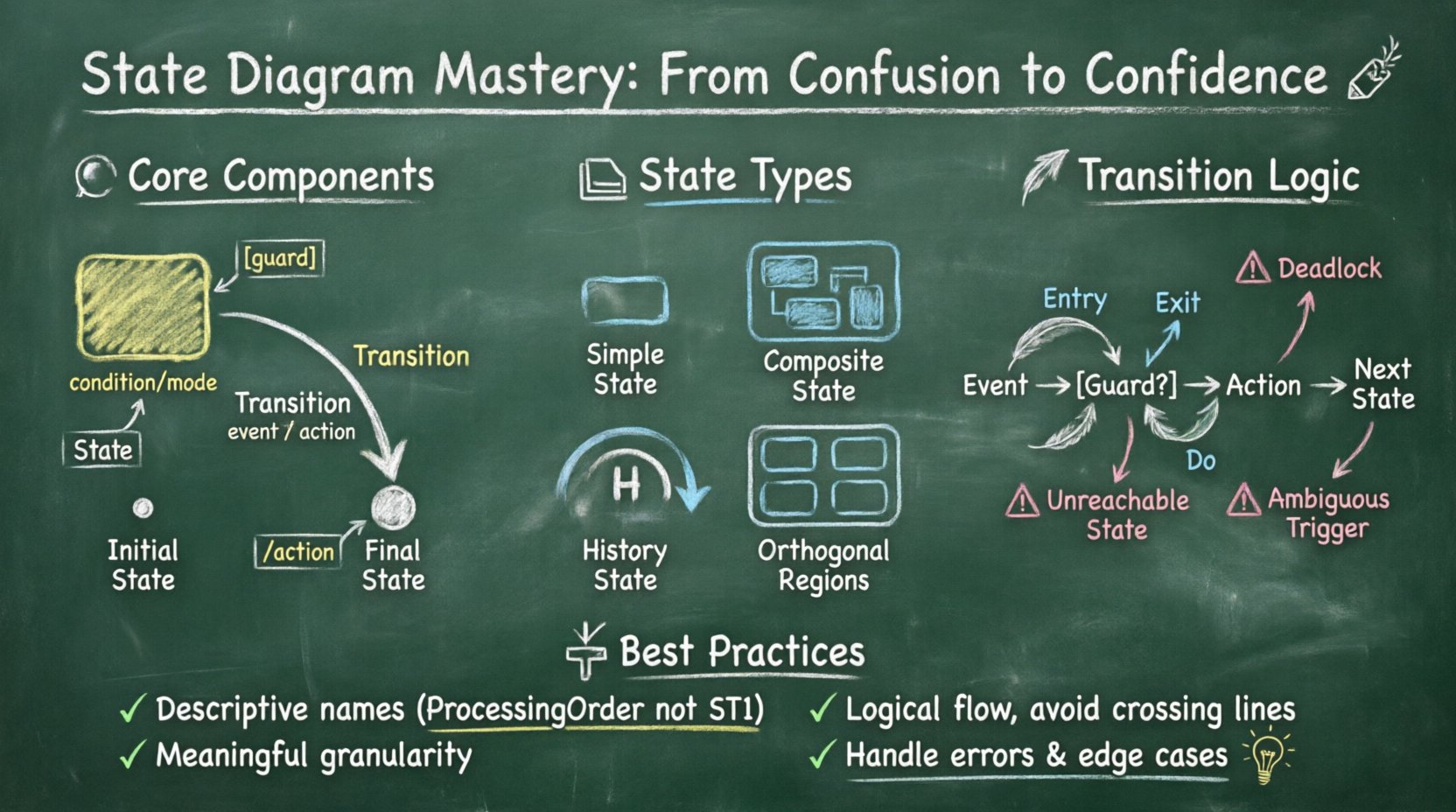 Chalkboard-style educational infographic explaining state diagram fundamentals: core components (states, transitions, events, guards, actions), state types (simple, composite, initial, final, history), transition logic with triggers and conditions, best practices for maintainability, and common pitfalls to avoid—presented in a teacher's hand-written chalk aesthetic for intuitive learning