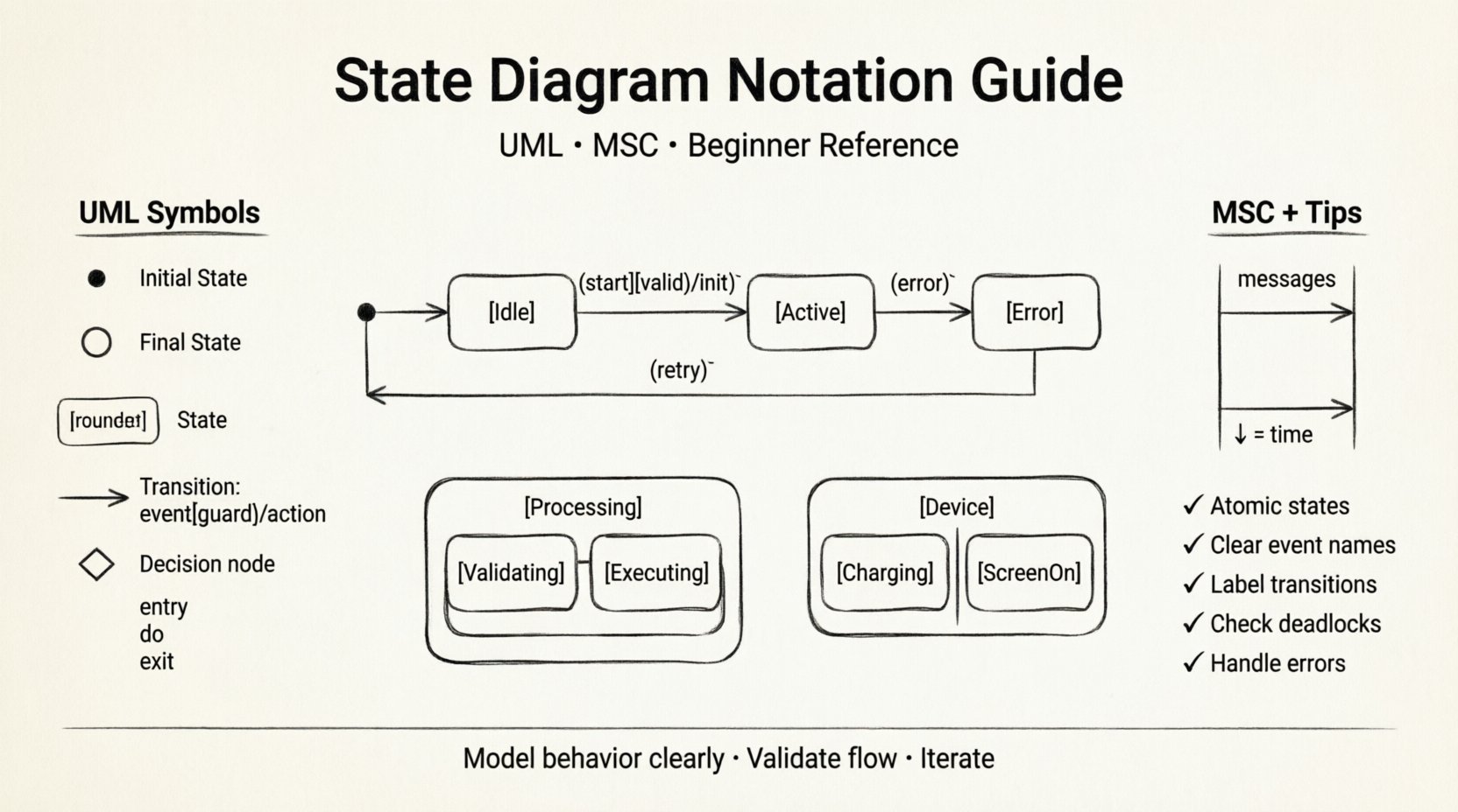 Line art infographic guide to state diagram notation covering UML state machine symbols (initial state, final state, transitions, guard conditions, entry/exit actions), MSC message sequence charts, nested states, orthogonal regions, and best practices for modeling system behavior for beginners