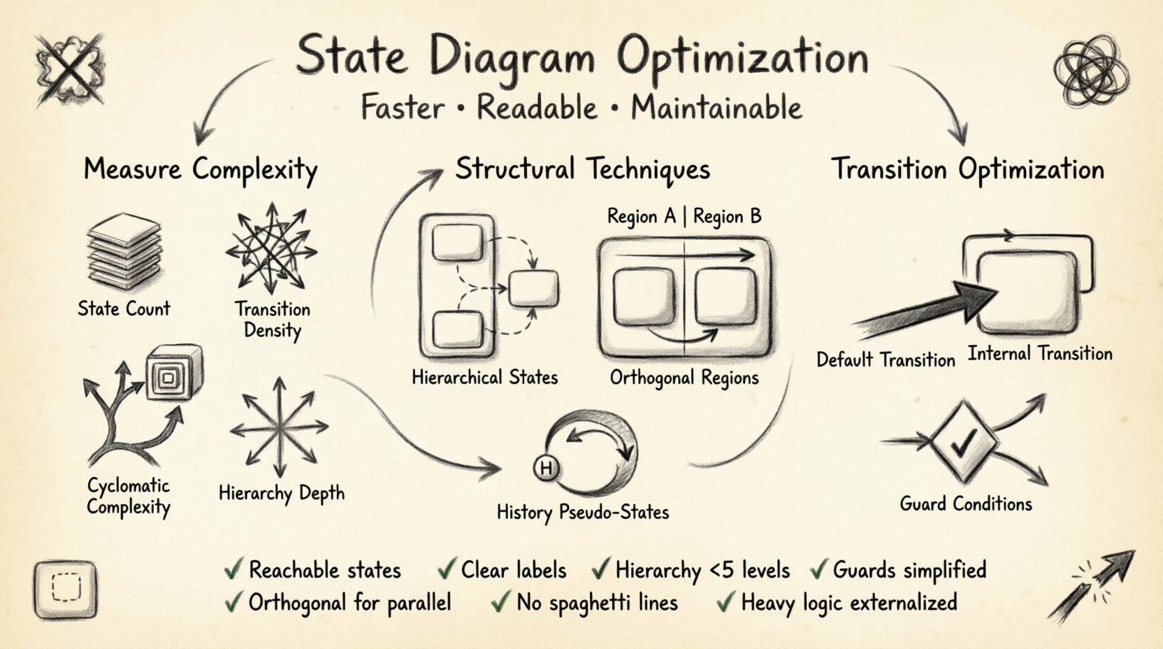A charcoal sketch-style infographic illustrating state diagram optimization techniques for software engineers, featuring complexity metrics (state count, transition density, cyclomatic complexity), structural patterns (hierarchical states, orthogonal regions, history pseudo-states), transition optimization strategies, and a visual checklist for creating faster, more readable, and maintainable state machine models.