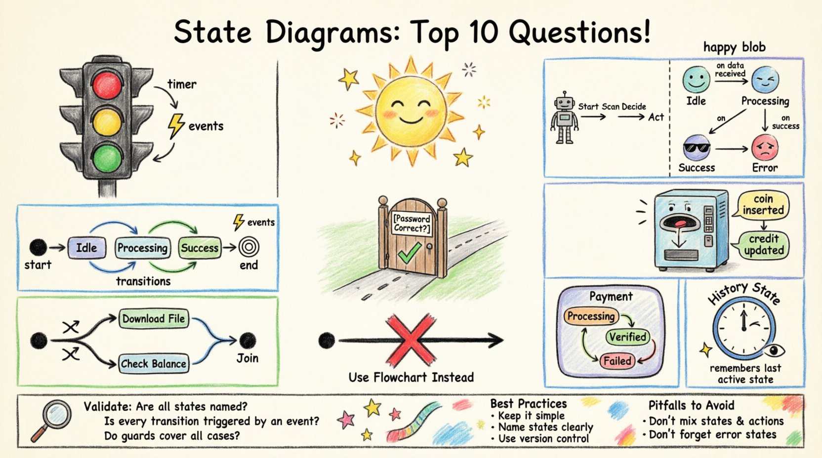Child's drawing style infographic explaining state diagrams Q&A: colorful hand-drawn visuals showing states, transitions, events, guard conditions, composite states, and the top 10 questions answered simply with playful illustrations like traffic lights, vending machines, and building blocks